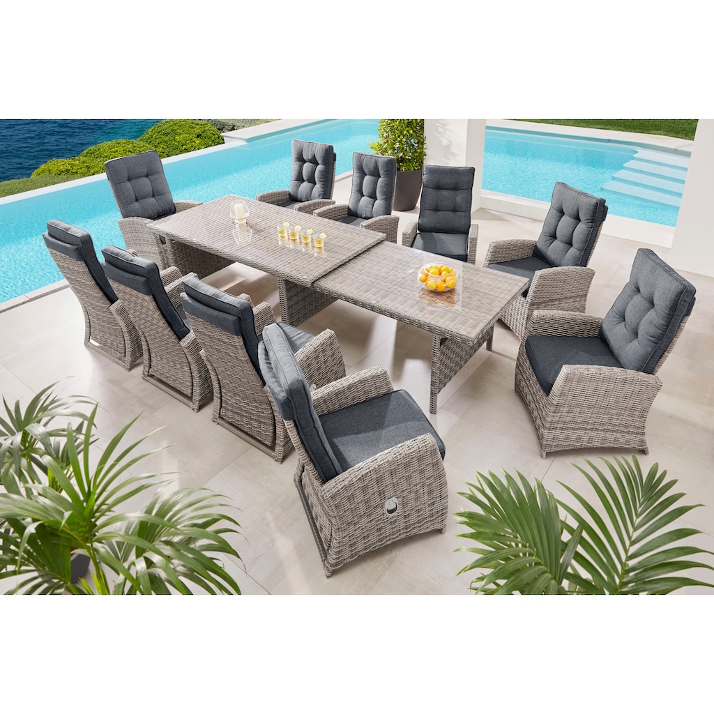 KONIFERA Garten-Essgruppe »Monaco«, (Set, 31 tlg., 10x Sessel, 1xTisch 200-366x100x75,5cm, inkl. Auflagen, Polyrattan,Alu), Rückenlehne verstellbar, Tischplatte aus 5mm starkem Sicherheitsglas