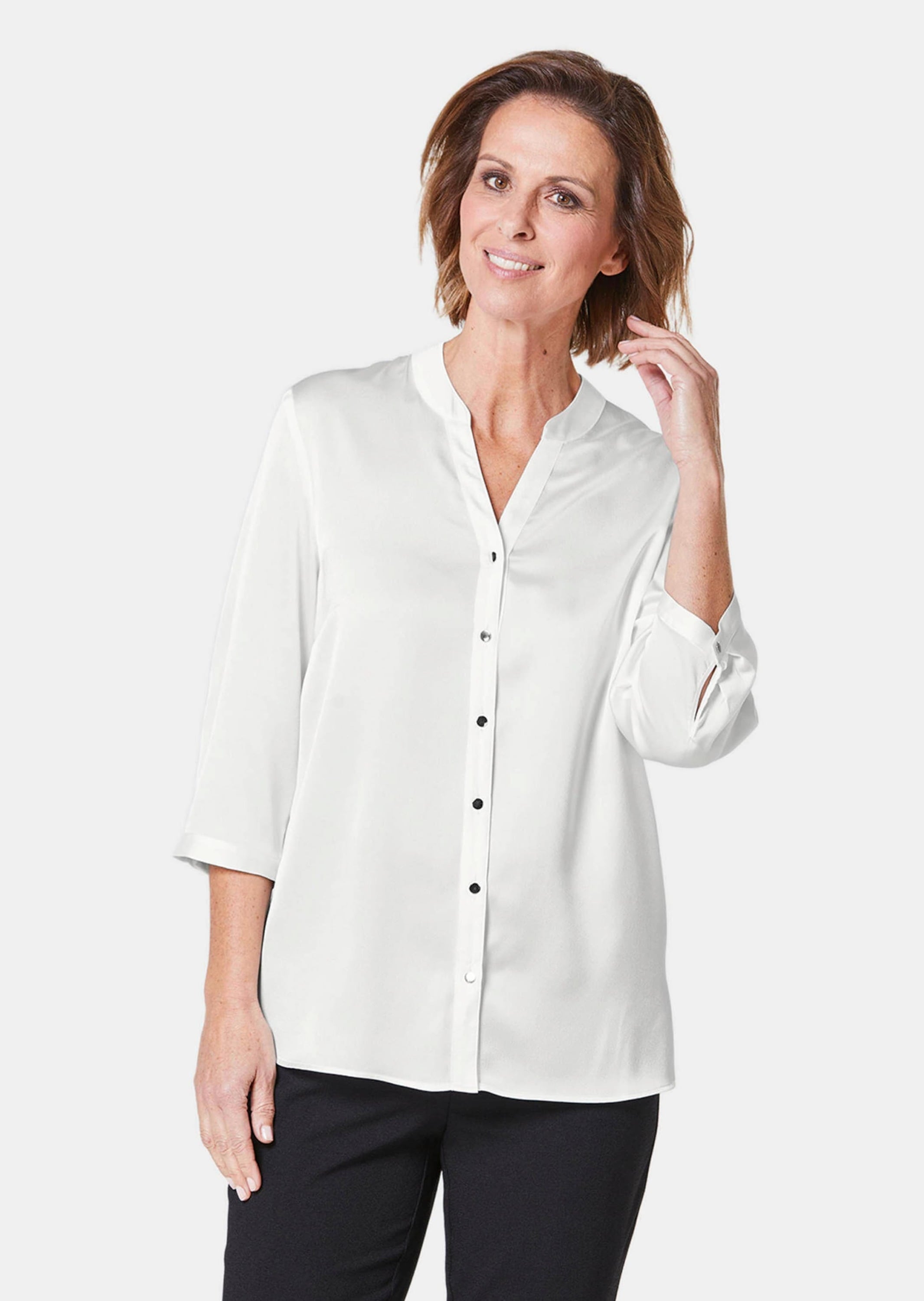 GOLDNER Kurzarmbluse »Stehkragenbluse Bluse mit festlichem Stehkragen«