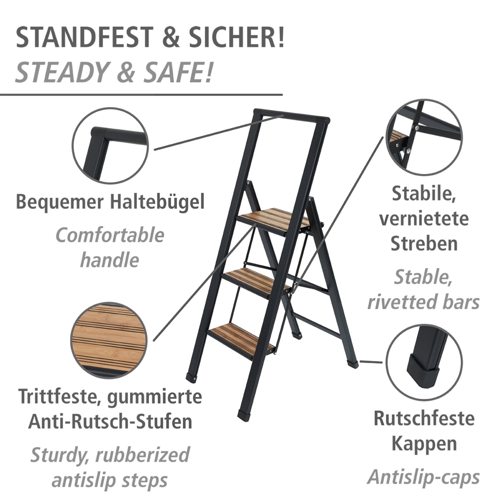 WENKO Trittleiter »Modell Alu-Design«, rutschsichere XXL-Stufen, robustes Aluminium in Kombination mit Bambus