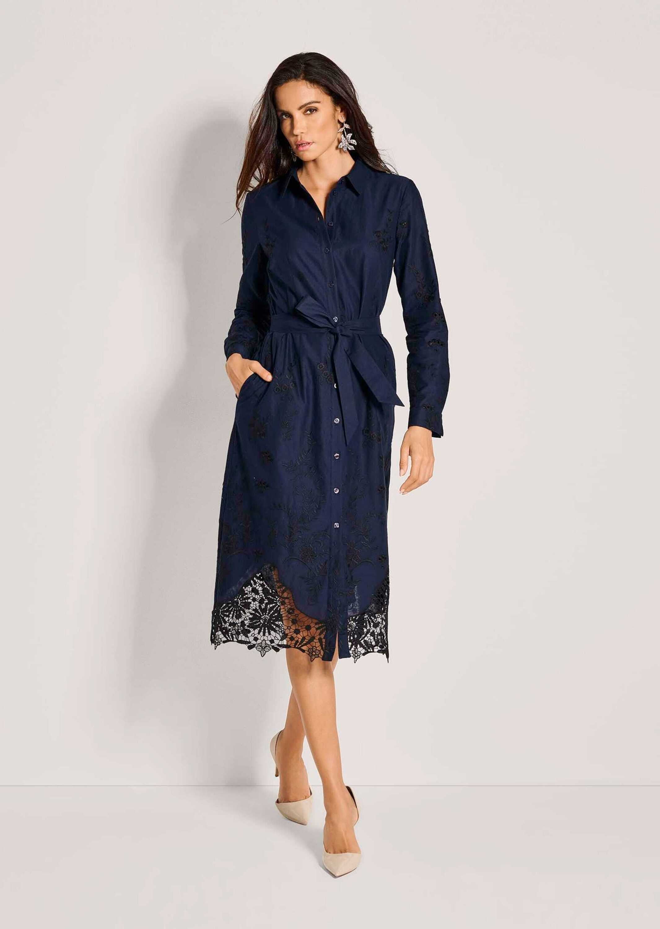 MADELEINE Midikleid »Hemdblusenkleid Baumwollkleid mit Spitze« Nahttasche Saum aus transparenter Spitze