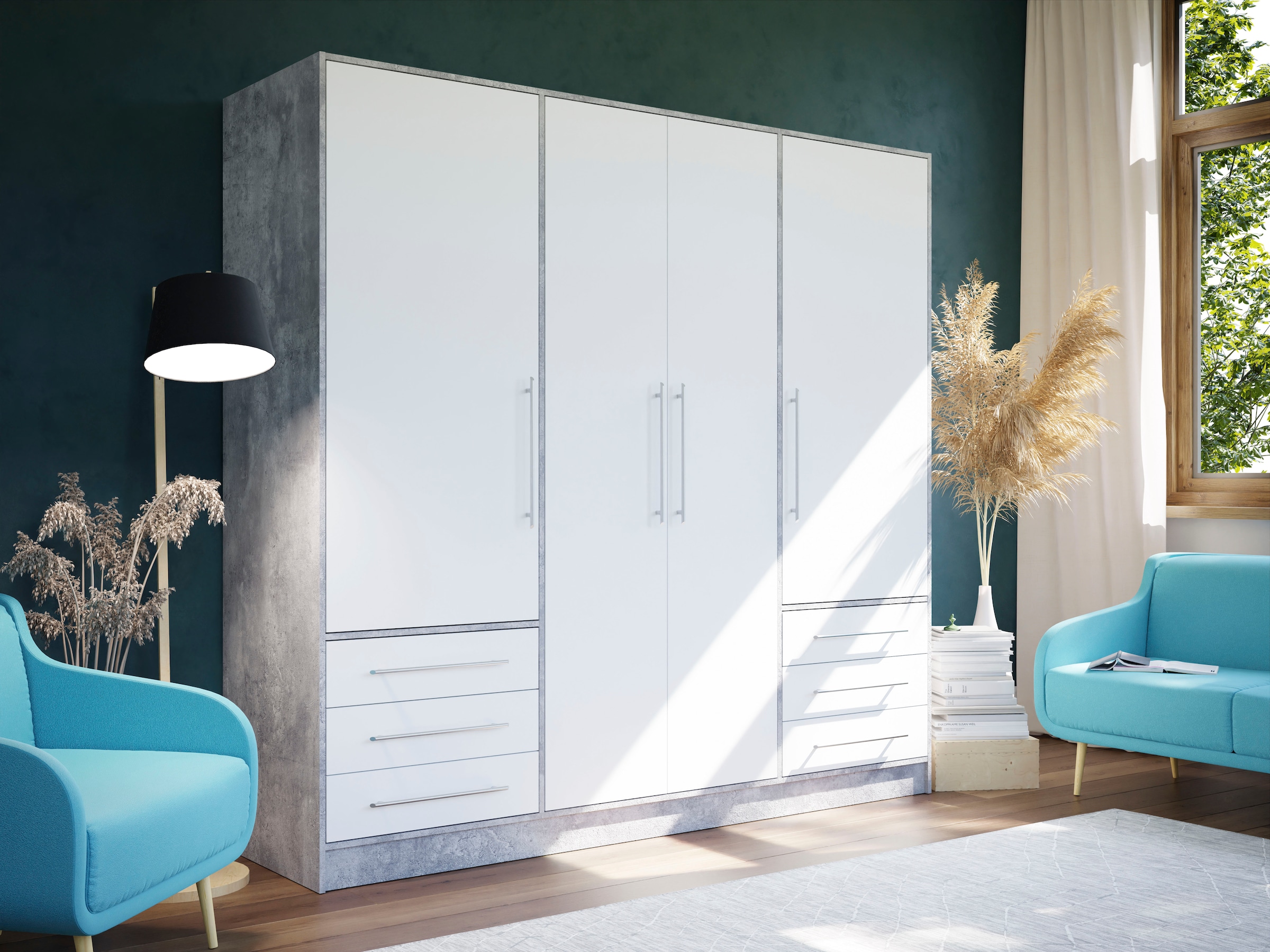 FORTE Kleiderschrank »Jupiter, Made in Europe, mit Schubladen«, (Maße (T/H): 60/200 cm), Stauraum, 2 Breiten, 4 Farben, Schubladen, variable Einlegeböden