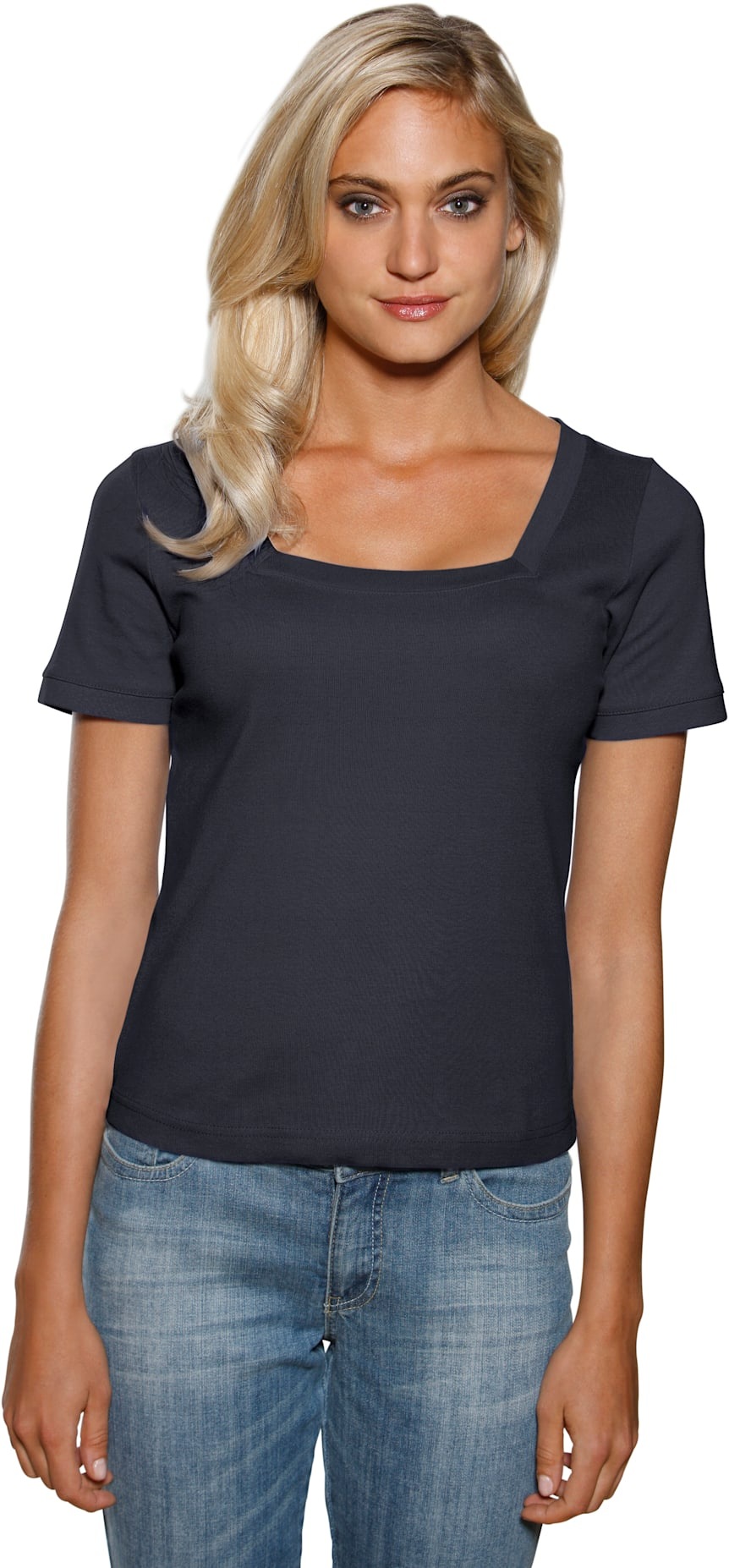 Kurzarmshirt HEINE "Carré-Shirt", Damen, Gr. 44, blau (marine), 100% Baumwolle, unifarben, eckiger Ausschnitt, Shirts 2