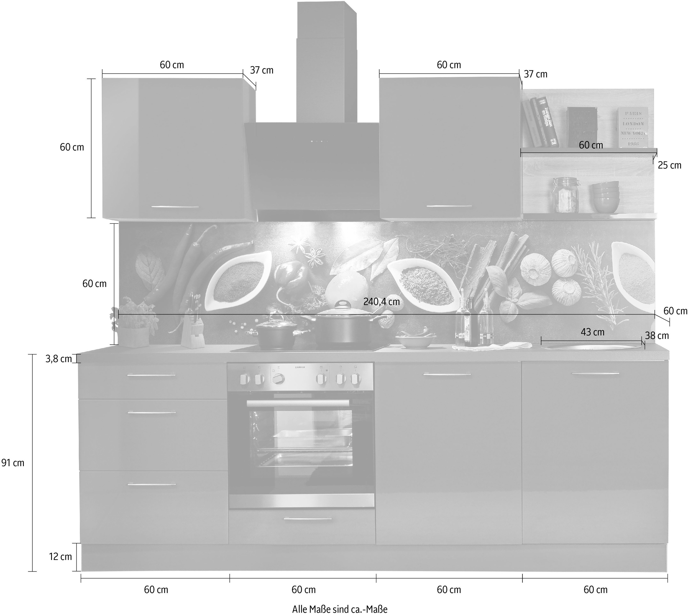 KOCHSTATION Küchenzeile »"KS-Jena", vormontiert«, mit Soft-Close-Funktion, Stellbreite 240 cm, wahlw. mit E-Geräten