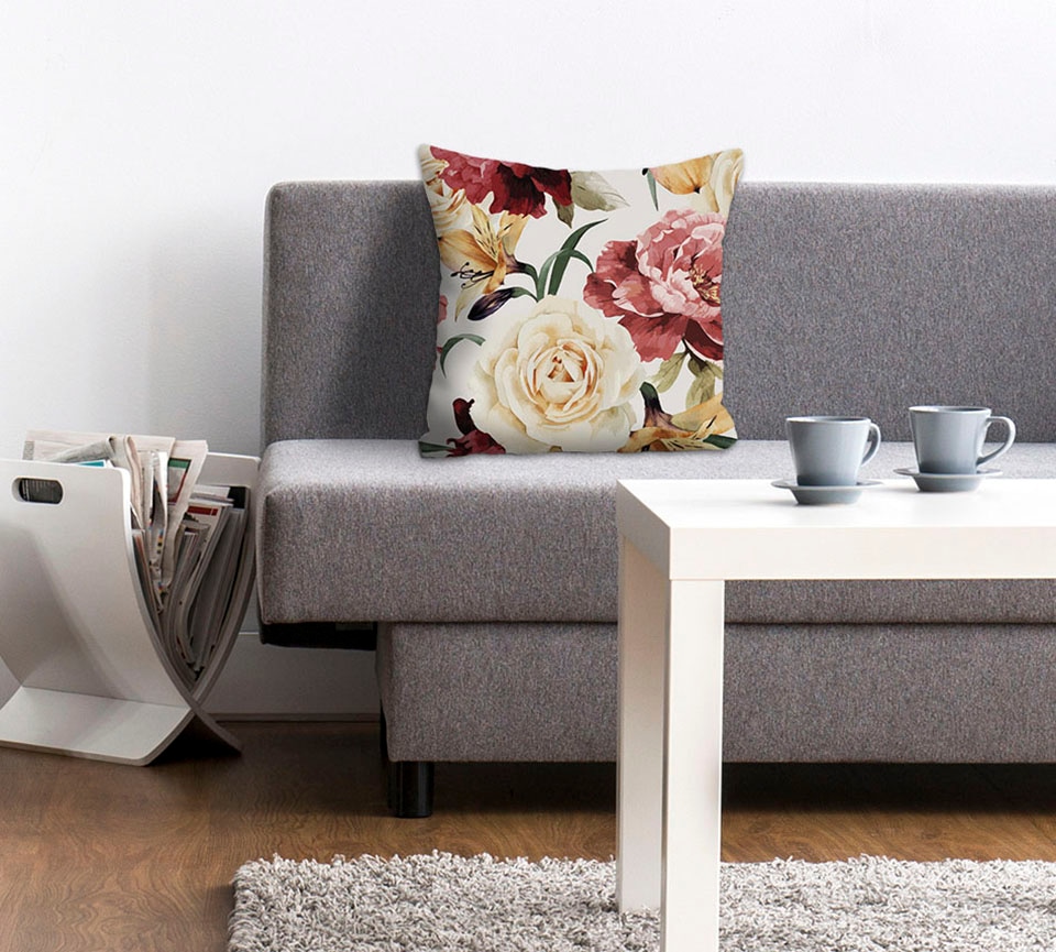 Dekokissen QUEENCE, B:40cm L:40cm, rot, Polyester, Dekokissen_Sitzkissen_Kissenhüllen, "Larissa", Kissenhülle,Blumen,Blüten,Florales