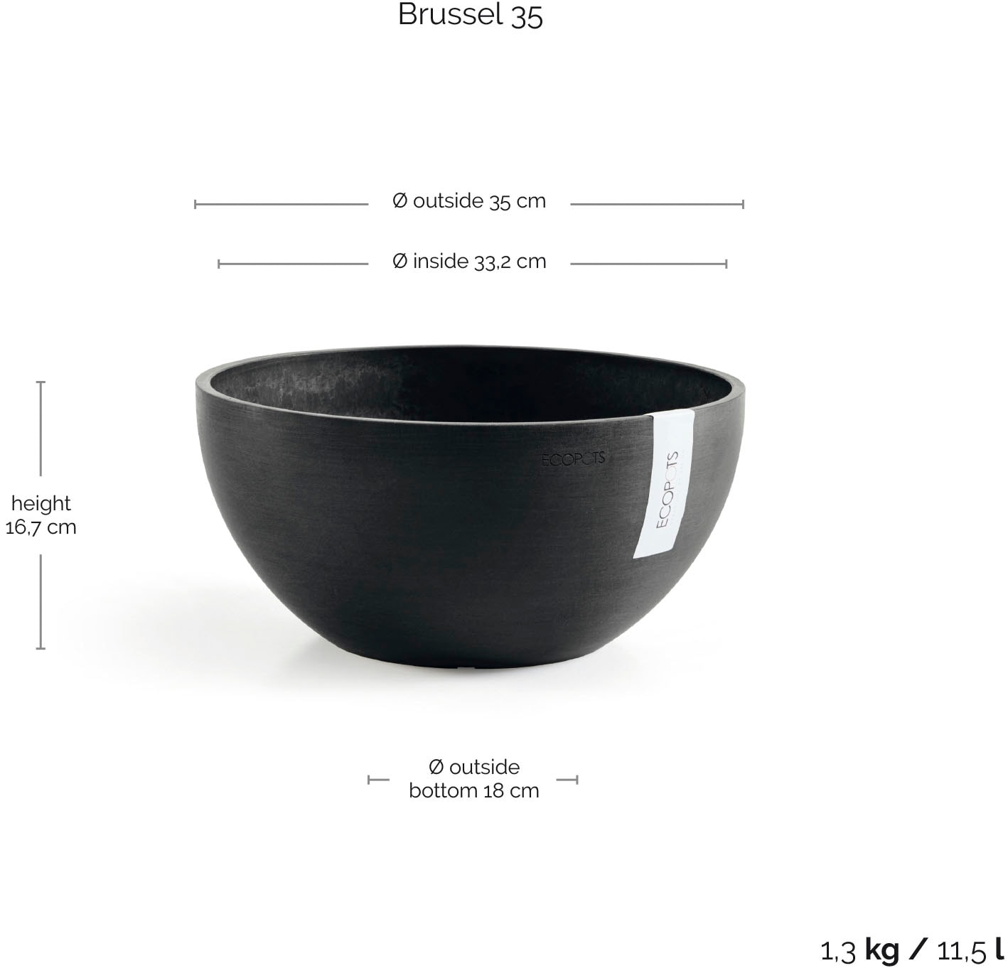 ECOPOTS Blumentopf »BRUSSELS Dark Grey« BxTxH: 35x35x16,5 cm