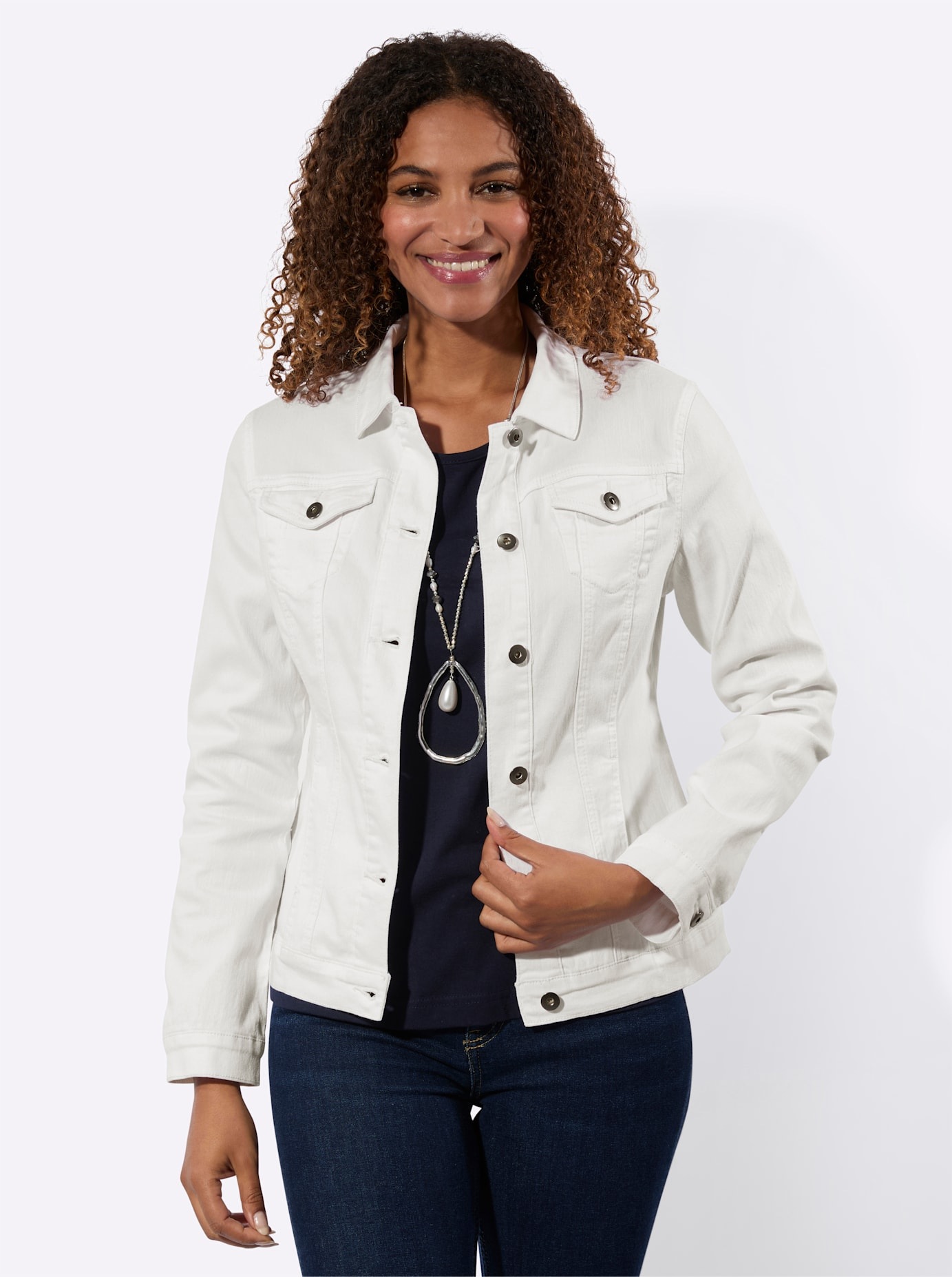 Jeansjacke INSPIRATIONEN, Damen, Gr. 54, weiß, 72% Baumwolle, 25% Polyester, 3% Elasthan, unifarben, Jacken Jeansjacke