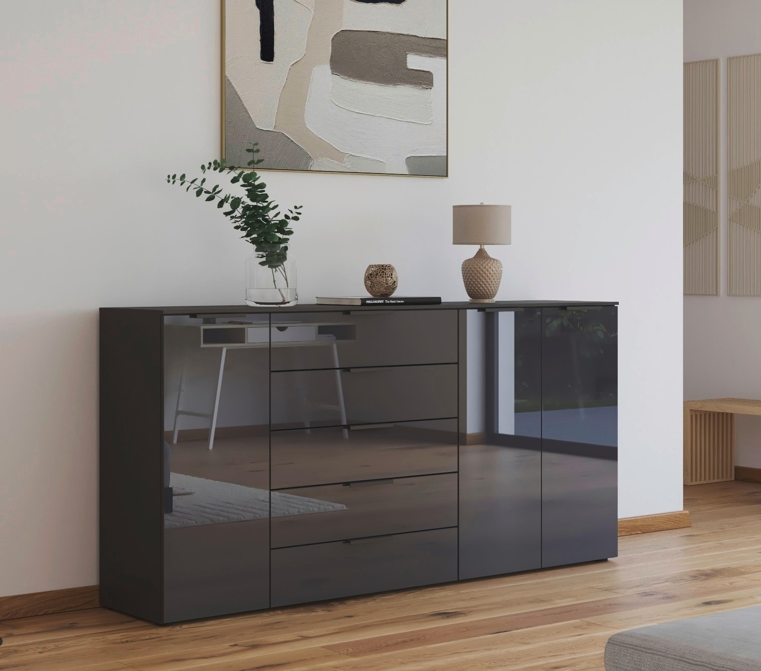 rauch Kombikommode »Kommode Türkommode Sideboard Kombikommode FLIPP mit Glasfront«, (Breite 200 cm mit 4 Einlegeböden), 3-türig mit 5 Schubladen und Soft-Close-Funktion sowie Glasfront