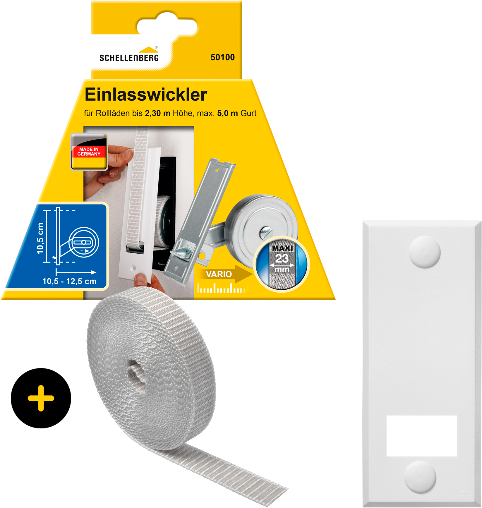 SCHELLENBERG Einlass-Gurtwickler "Unterputz, inkl. Abdeckplatte weiß und Rollladengurt in grau oder weiß" Set, 1 Stk. tlg. 10,5 cm Lochabstand für das Rollladensystem Maxi