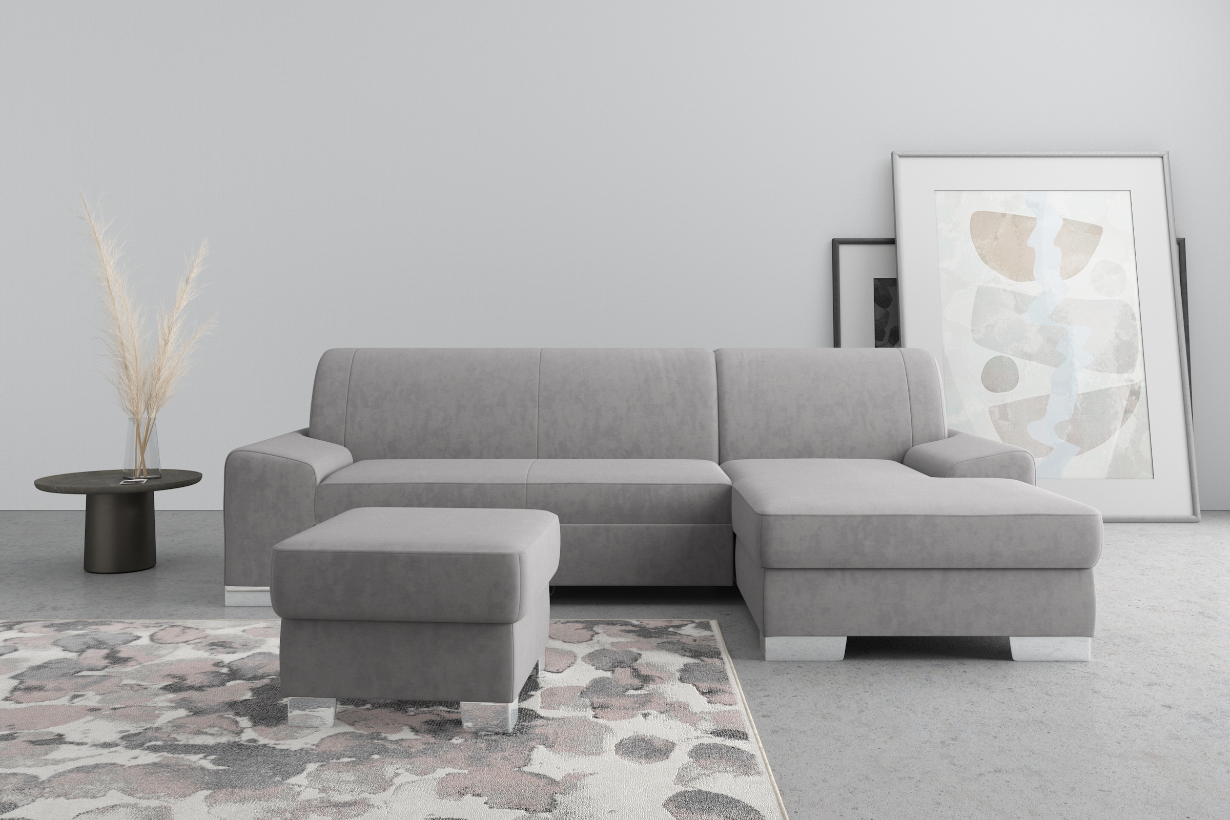 DOMO collection Ecksofa "Anzio L-Form, whlw. Bettfunktion, Federkern, hochwertig, Breite 271 cm" Ohne Bettfunktion, Recamiere rechts, Samtoptik, grau
