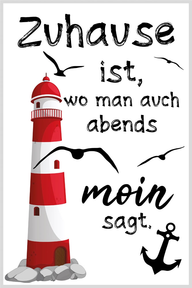 queence Metallbild »Moin«, Schriftzüge-Schriftzug-Leuchtturm-Küste, (1 St.), Stahlschild, Blechschild, Sprüche, Texte, witzig, Fernweh