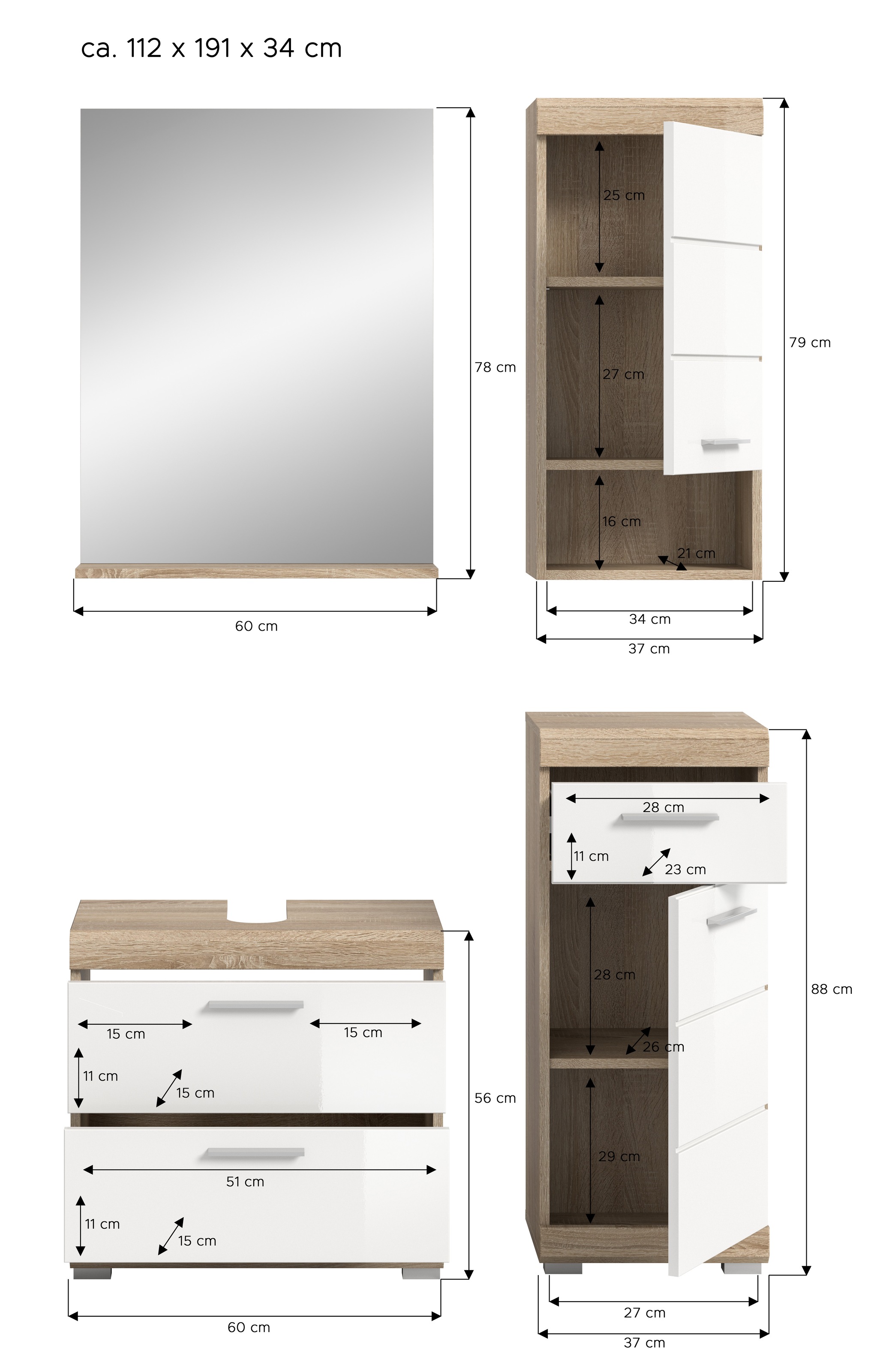 INOSIGN Badmöbel-Set »Siena, 4 teilig, bestehend aus:«, (Set), Waschbeckenunterschrank, Spiegel, Unterschrank, Hängeschrank