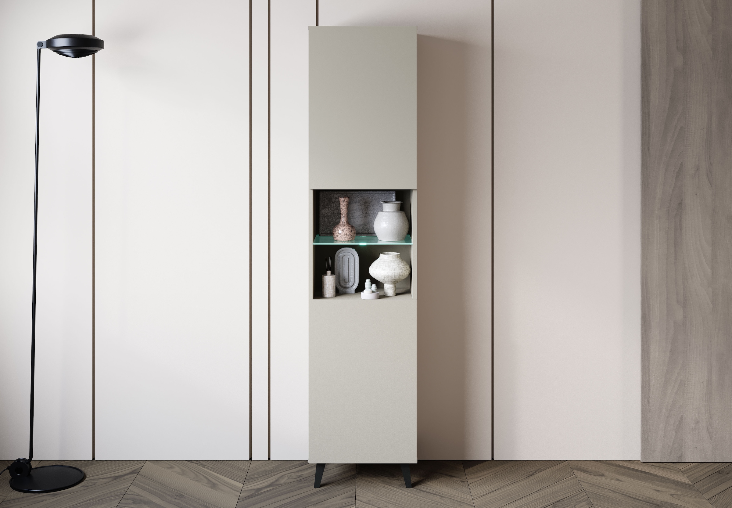 Home affaire Vitrine »Phuket, Moderner Wohnschrank mit LED-Beleuchtung und Glasboden« 1 Stk. tlg. Verstellbare Einlegeböden für flexible Aufbewahrung