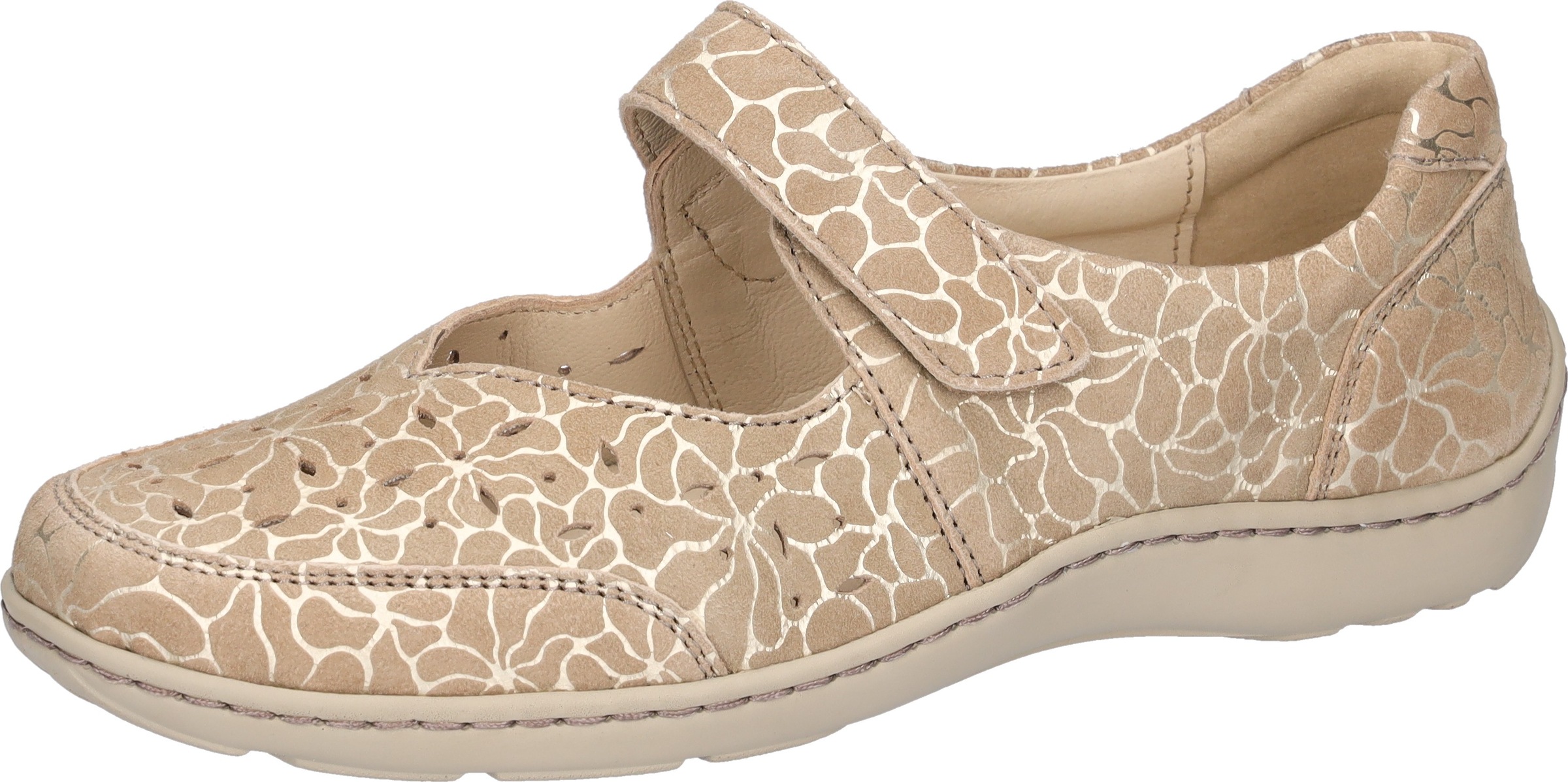 Riemchenballerina WALDLÄUFER "HENNI", Herren, Gr. 8,5 (42,5), beige, Nappaleder, gemustert, Schuhe Riemchenballerina, Komfortschuh, Halbschuh in Komfortweite H (= sehr weit)
