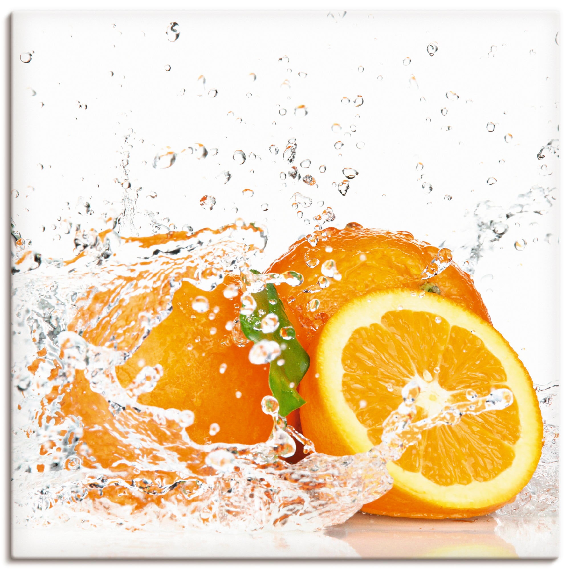 Artland Leinwandbild "Orange mit Spritzwasser" Süßspeisen 1 Stk. tlg. auf Holzrahmen gespannt