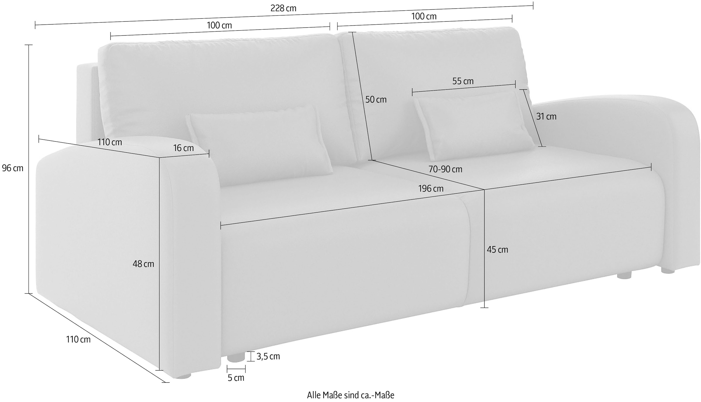 INOSIGN 3-Sitzer »JIGGS wahlweise Schlafsofa mit Bettkasten, Maße B/H/T: 228/96/110 cm«, Sofa mit Wellenunterfederung, enthält 2 Rückenkissen und 2 Zierkissen