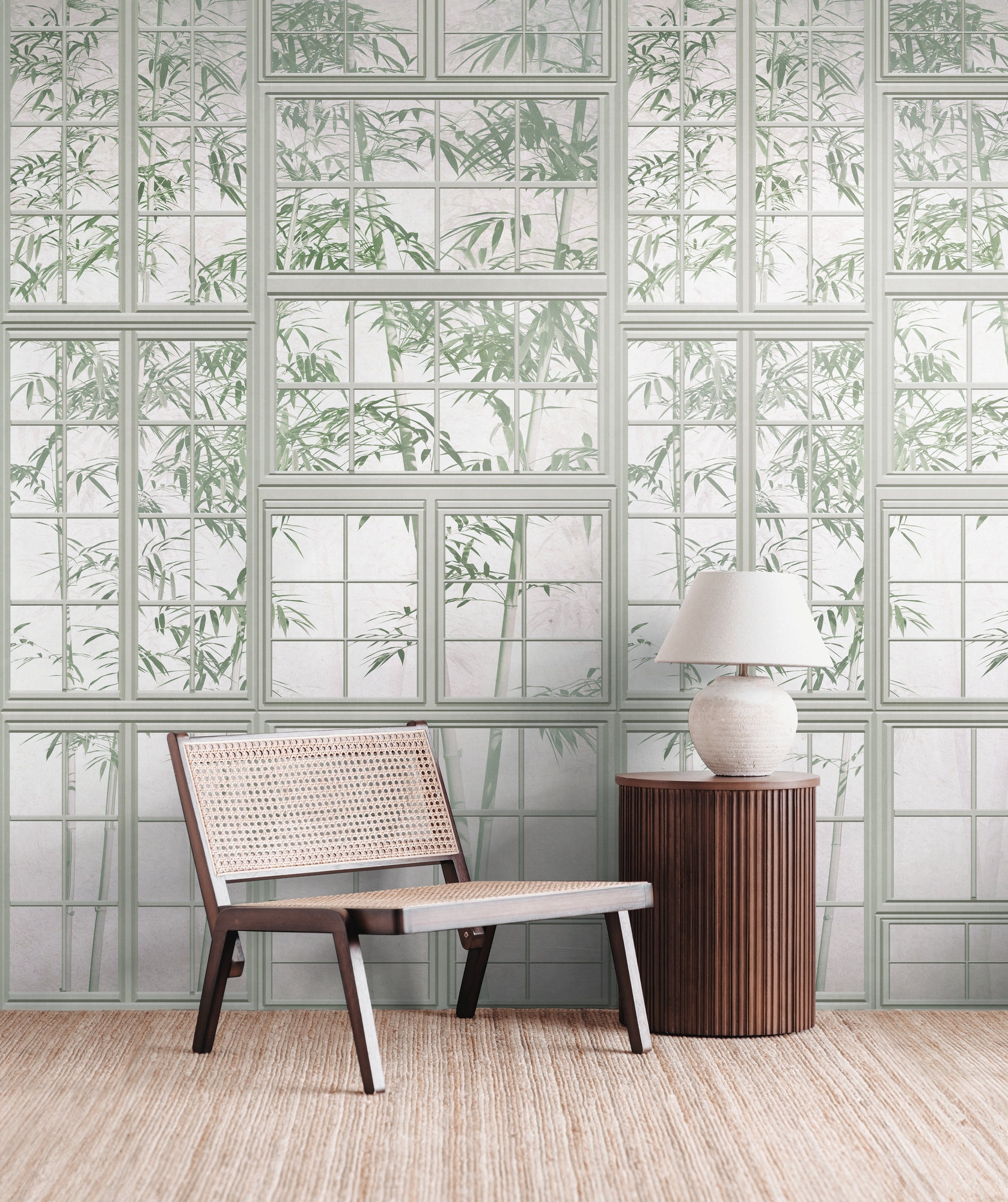 living walls Fototapete "THE WALL III Fenster Tapete Motivtapete Bambus Blattmuster" matt glatt Vliestapete Blätter für Schlafzimmer Küche Wohnzimmer Fenster Design