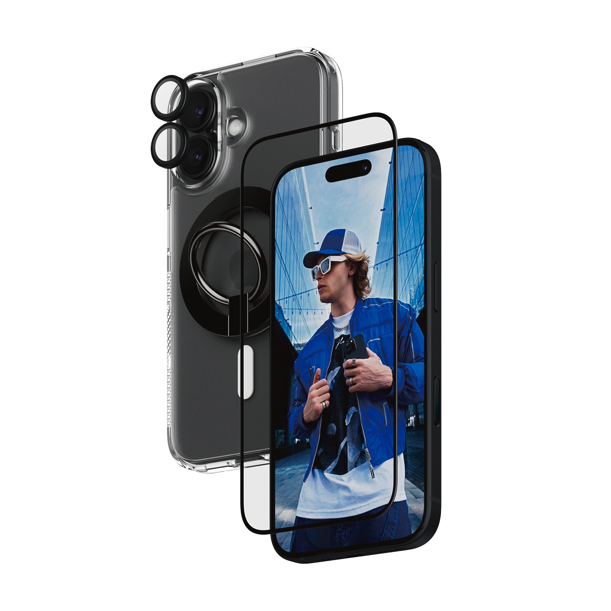 PanzerGlass Displayschutzglas »4-in-1 Protection«, für Apple iPhone 16, (Set, 4 St., bestehend aus Ultra-Wide Fit Glass, Case, Hoops, Ring Mount), Displayschutzfolie, Set, Kameraglas, Cover, MagSafe, kratz- & stoßfest