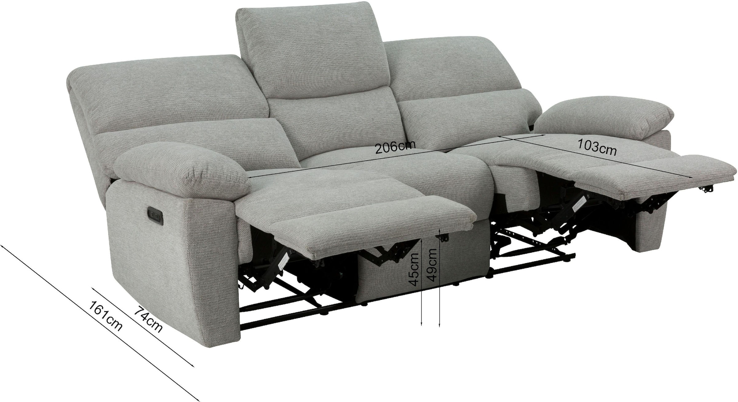 Home affaire 3-Sitzer »LANNOY, manuelle o. elelektrische Relaxfunktion in 2 Sitzen, USB A/C«, Liegefunktion (105°-150°), Reclinersofa, Webstoff, Federkern