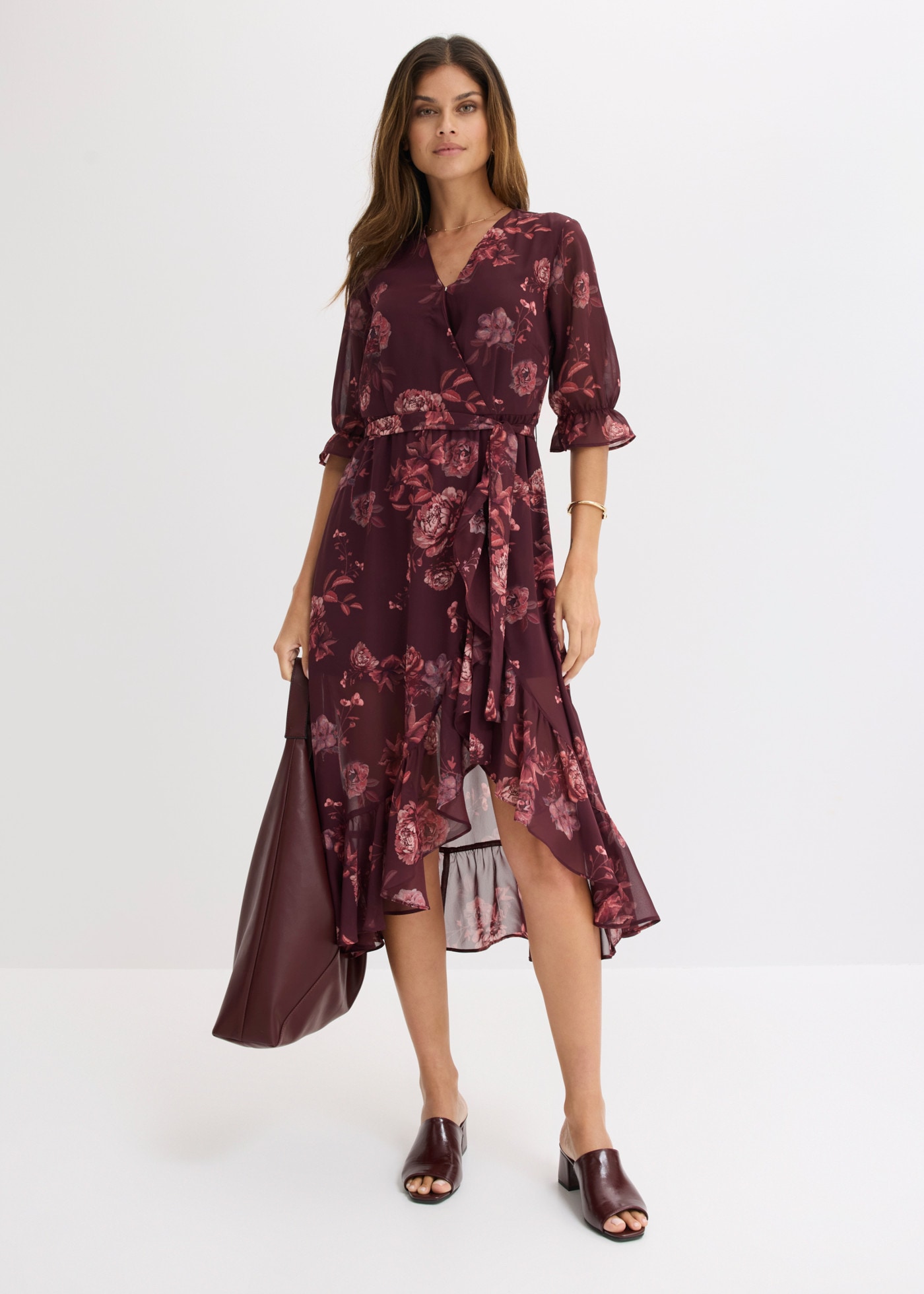 bonprix Chiffonkleid mit Volant, ausgestellte Passform, Halbarm, ohne Kragen