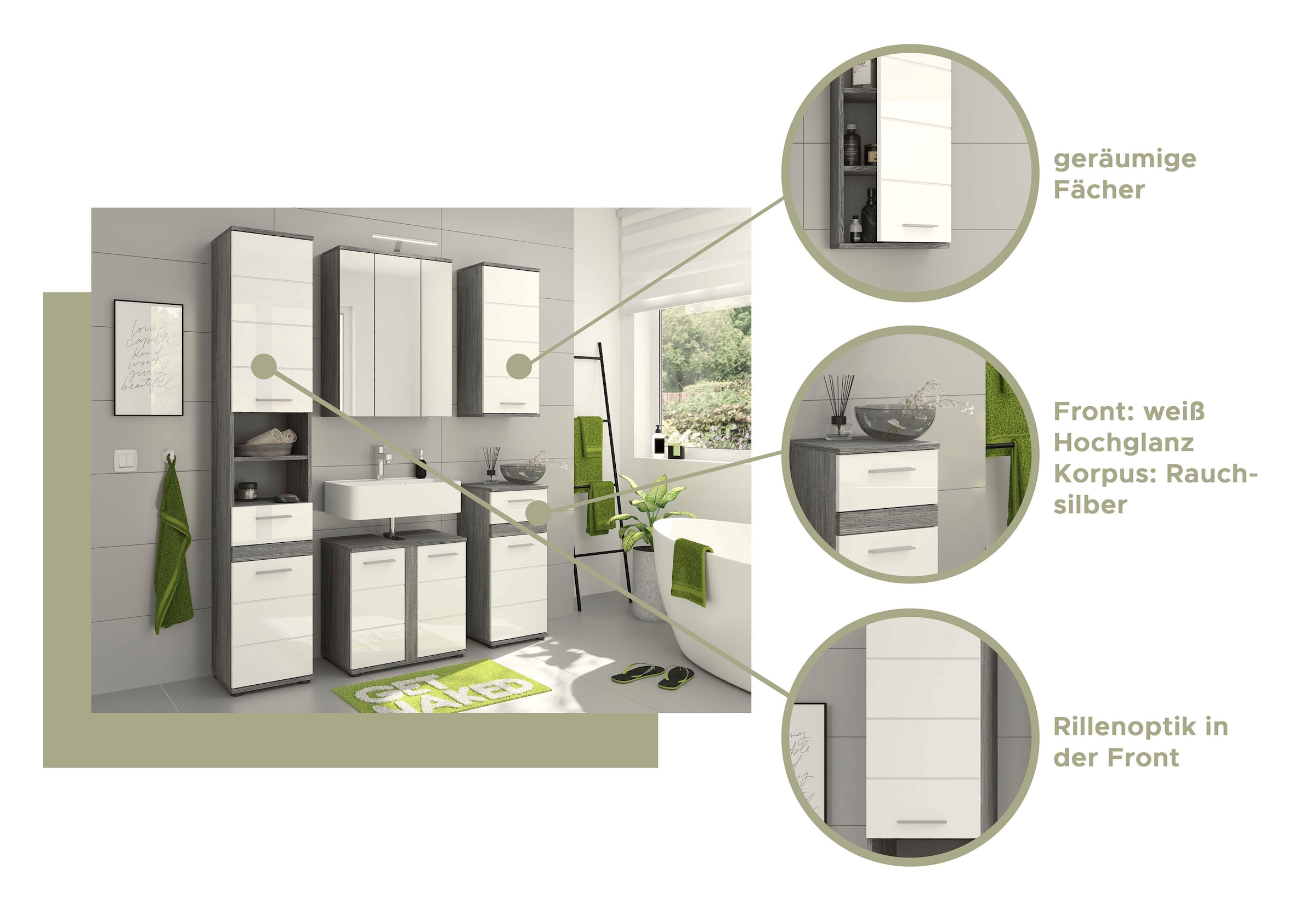 welltime Badmöbel-Set »LUCCA, 5-teilig, TOPSELLER!, MDF Hochglanzfront, bestehend aus:«, (Set, 5 St.), Hochschrank, WBU, Spiegel, Unterschrank, Hängeschrank