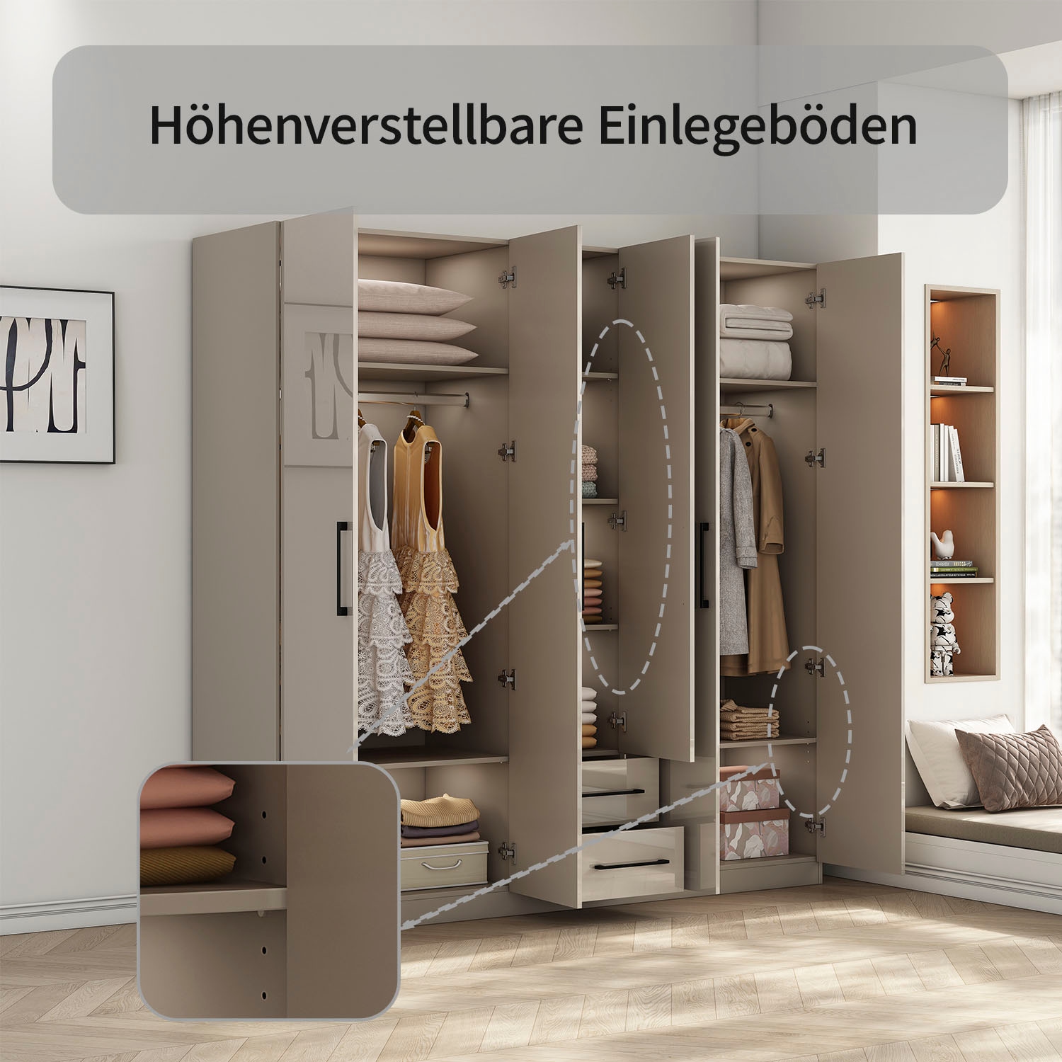 OTTO home Kleiderschrank »Sylt Schlafzimmerschrank Garderobe Schrank TOPSELLER in hochglanz weiß« 5 Türen, 2 Schubladen, schwarze moderne Griffe, 7 Einlegeböden,  Drehtürenschrank mit perfekter Innenausstattung, Breite 200cm