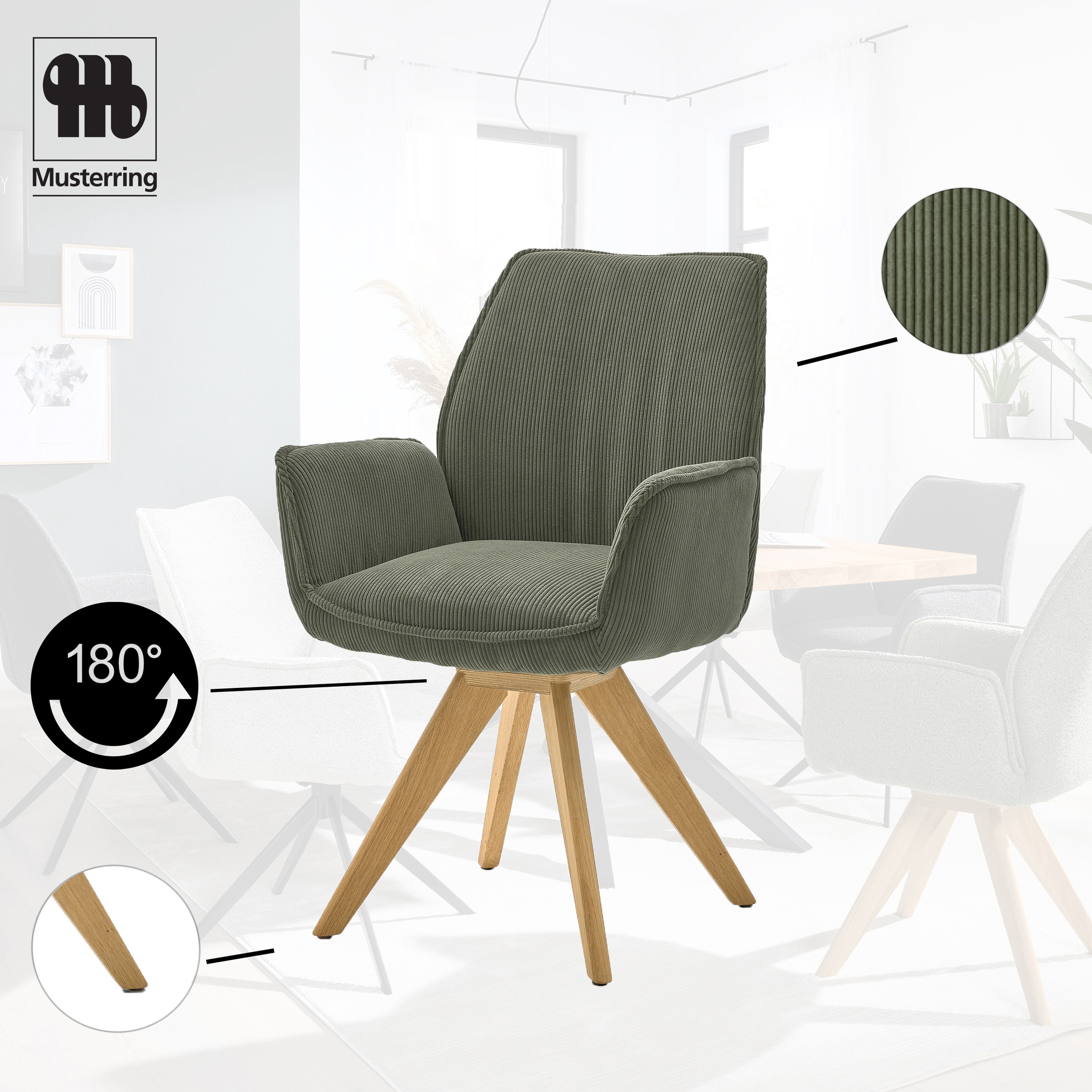 Musterring Esszimmerstuhl »Tiama«, (Set), 2 St., Cord, Stativgestell Eiche massiv, 180° drehbar, Stoff Cord oder Bouclé