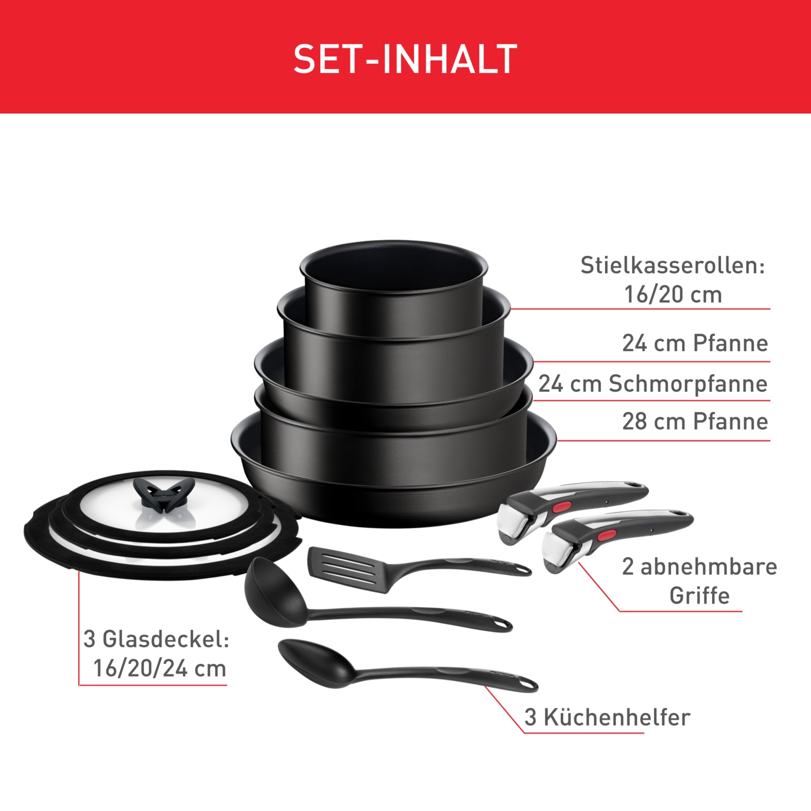 Tefal Topf-Set »Ingenio Unlimited On Pfannen und Töpfe induktionsgeeignet, Antihaft«, Aluminium, (Set, 13 tlg., Kasserolle 16/20/24 cm, Bratpfanne 24/28 cm, 3 Deckel, Küchenhelfer), Thermo-Signal, abnehmbarer Griff, für alle Herdarten geeignet