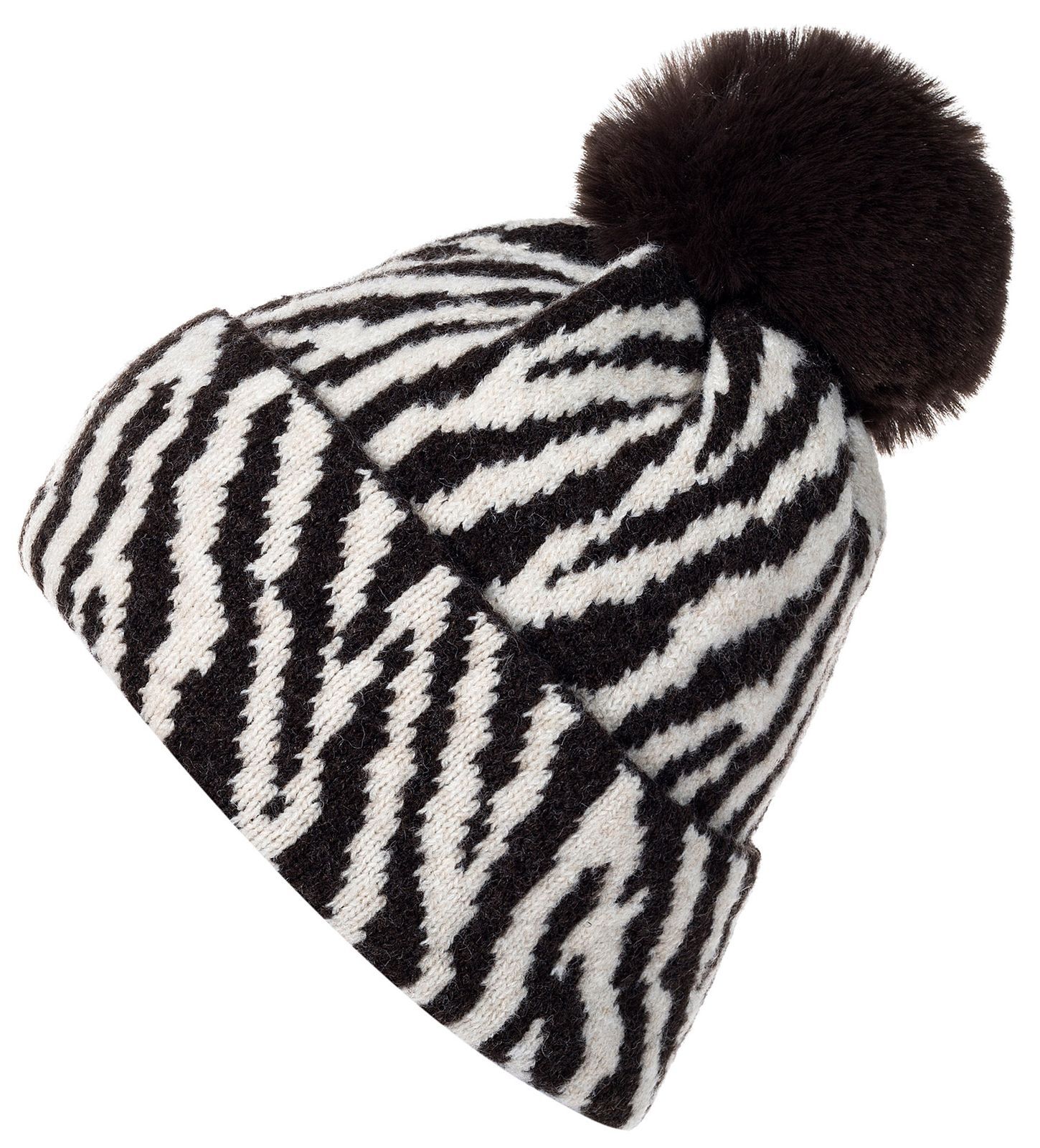 styleBREAKER Bommelmütze "Strick Bommelmütze mit Zebra Muster" 1 Stk.