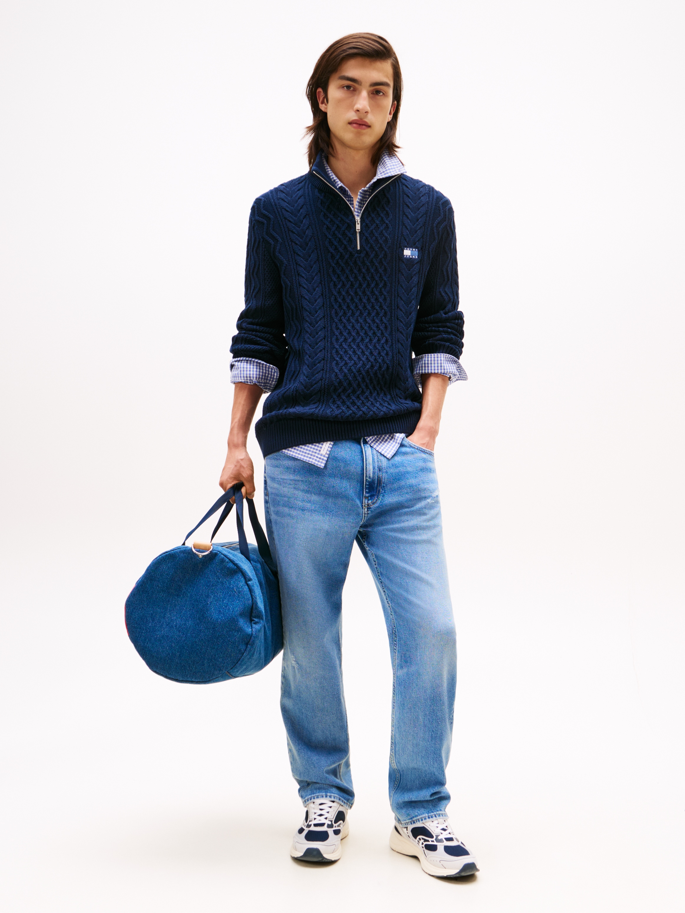 Tommy Jeans Strickpullover, Troyer-Kragen mit Reißverschluss, slim fit, Zopfstrick-Muster