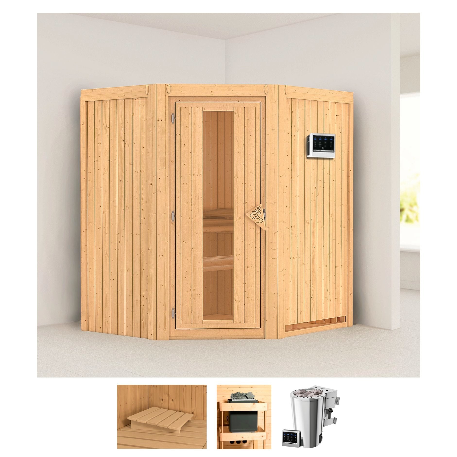 Karibu Sauna "Tomke" Set, 3,6-kW-Bio-Plug & Play Ofen mit externer Steuerung