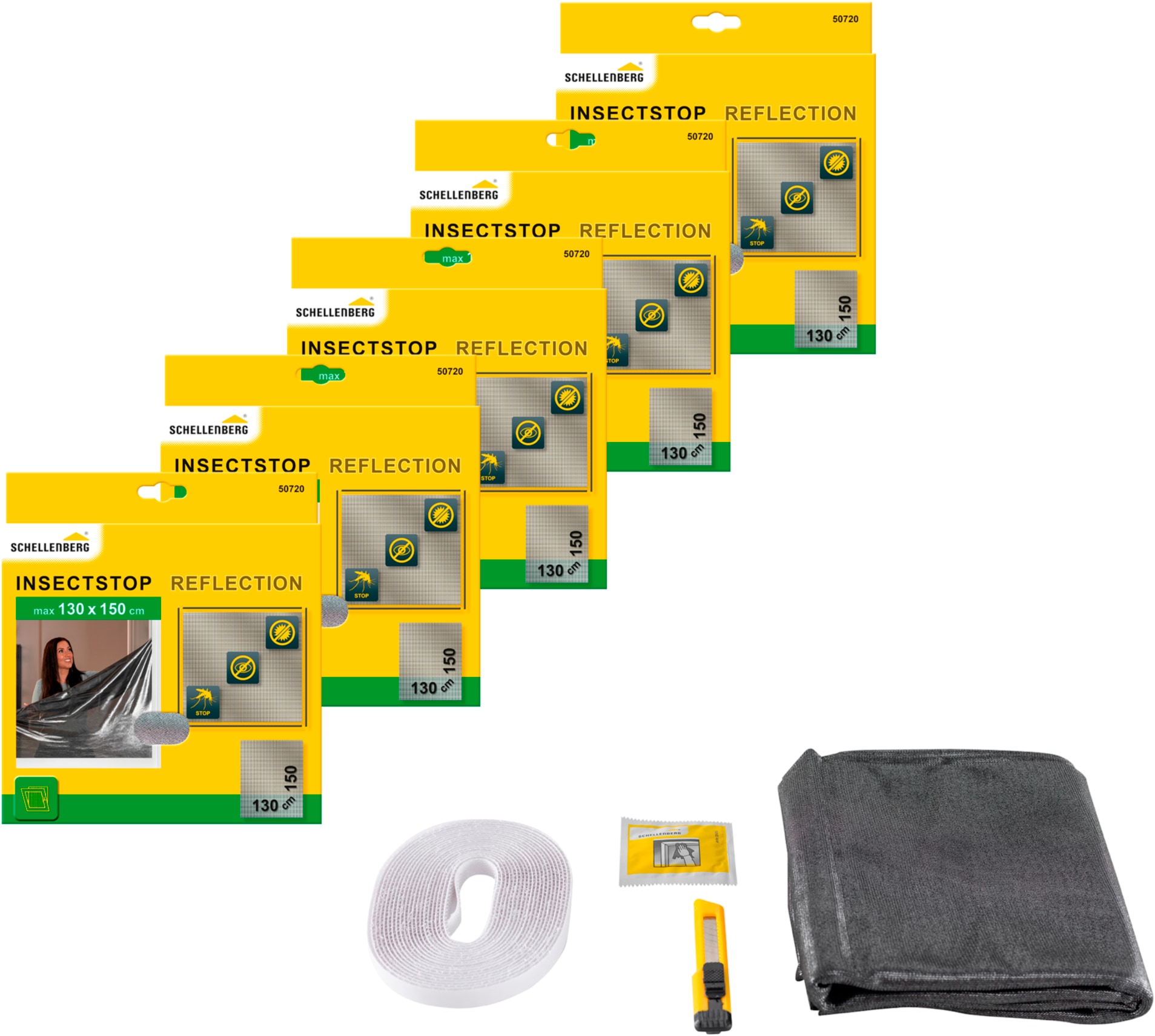 SCHELLENBERG Fliegengitter-Gewebe "Reflection, reflektierender Insektenschutz", B/H: 130cm x 150cm, 5er Pack, grau, Insektenschutzgitter, für