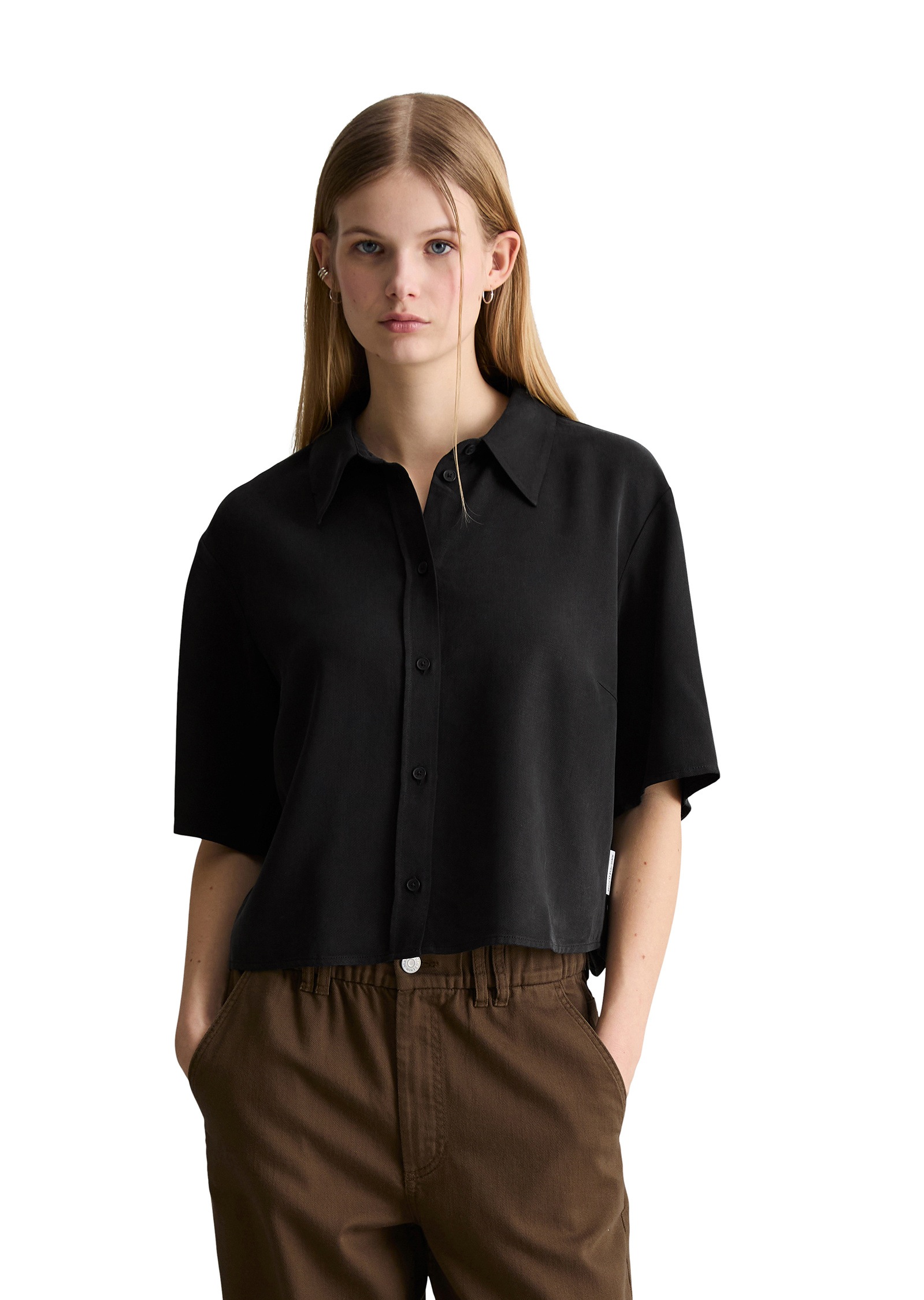Damen Kurzarmbluse "aus TENCEL Lyocell"schwarz, Gr. S, MARC O'POLO DENIM, unifarben, Obermaterial: 100% Lyocell, Blusen