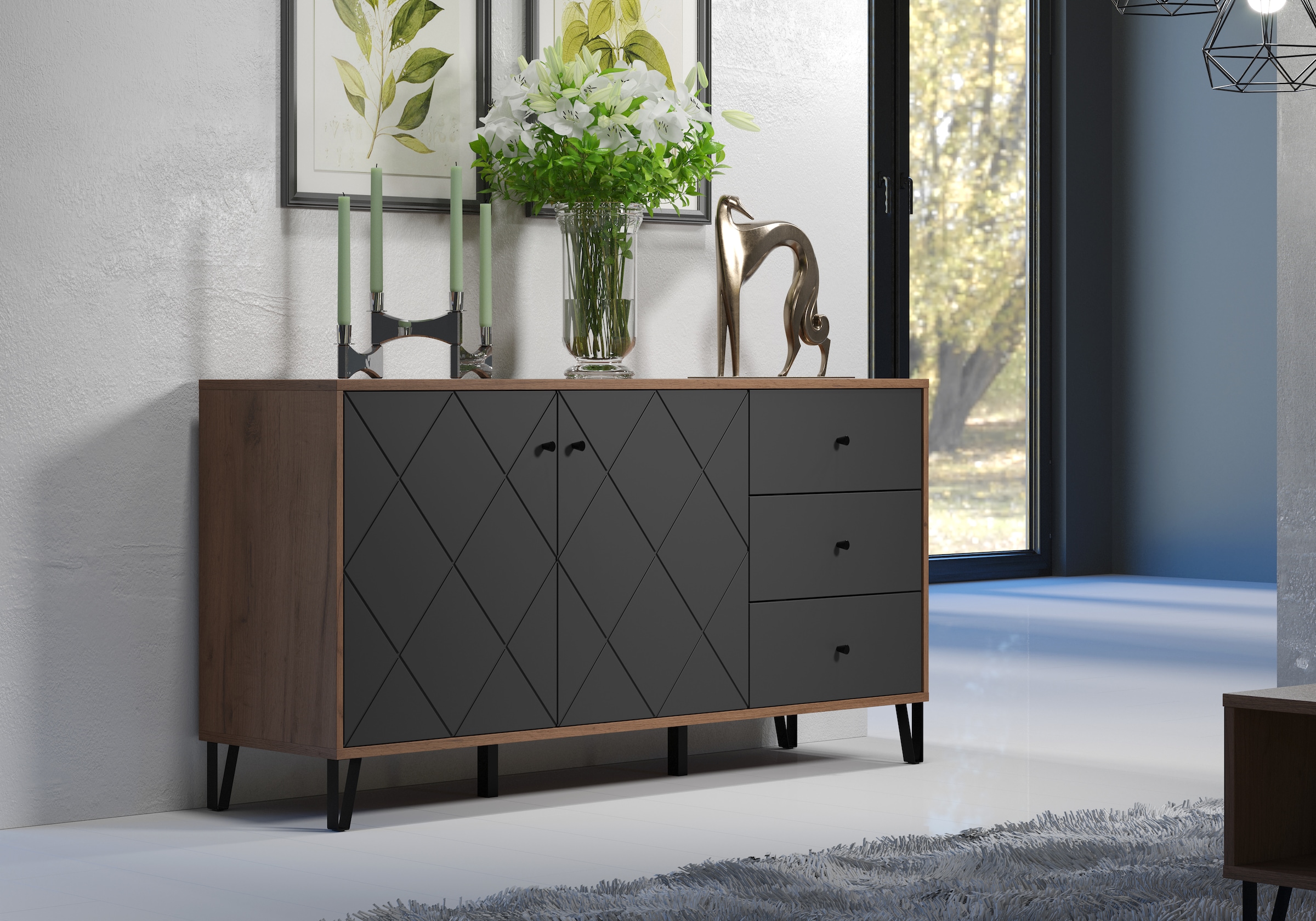 Places of Style Sideboard »Molveno«, (1 St.), außergewöhnliches Design mit strukturierten Fronten, Soft-Close