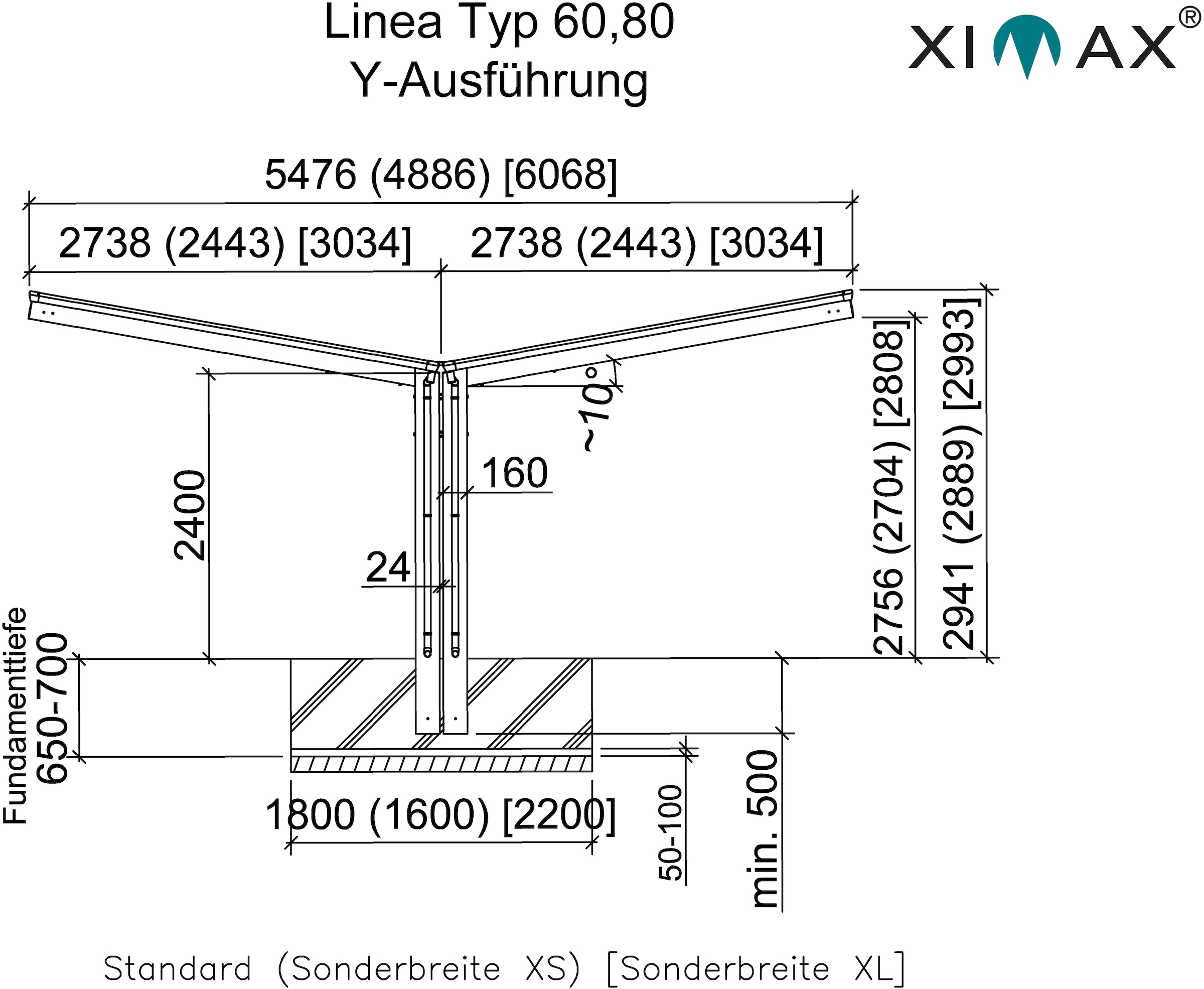 Ximax Doppelcarport »Linea Typ 60 Y-Edelstahl-Look«, Aluminium, 532 cm, edelstahlfarben, Aluminium