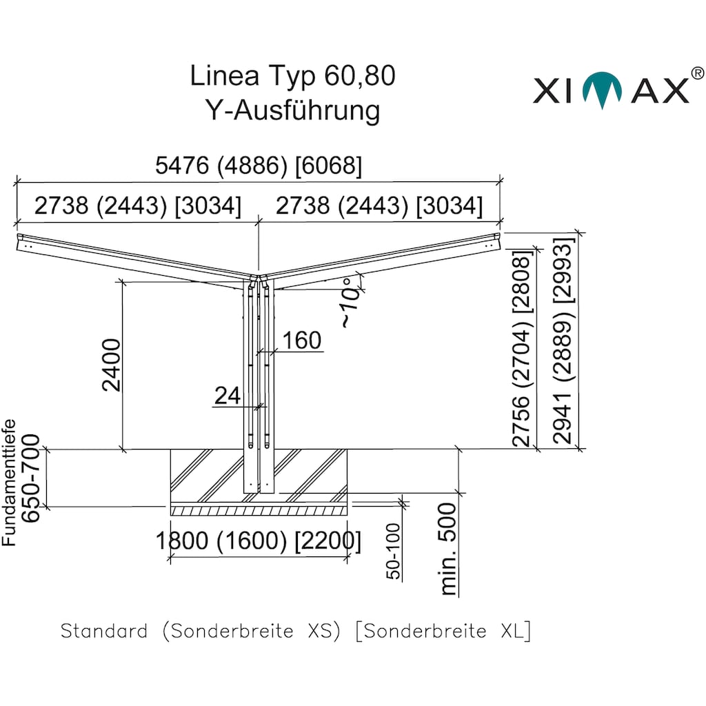 Ximax Doppelcarport »Linea Typ 60 Y-Edelstahl-Look«, Aluminium, 532 cm, edelstahlfarben