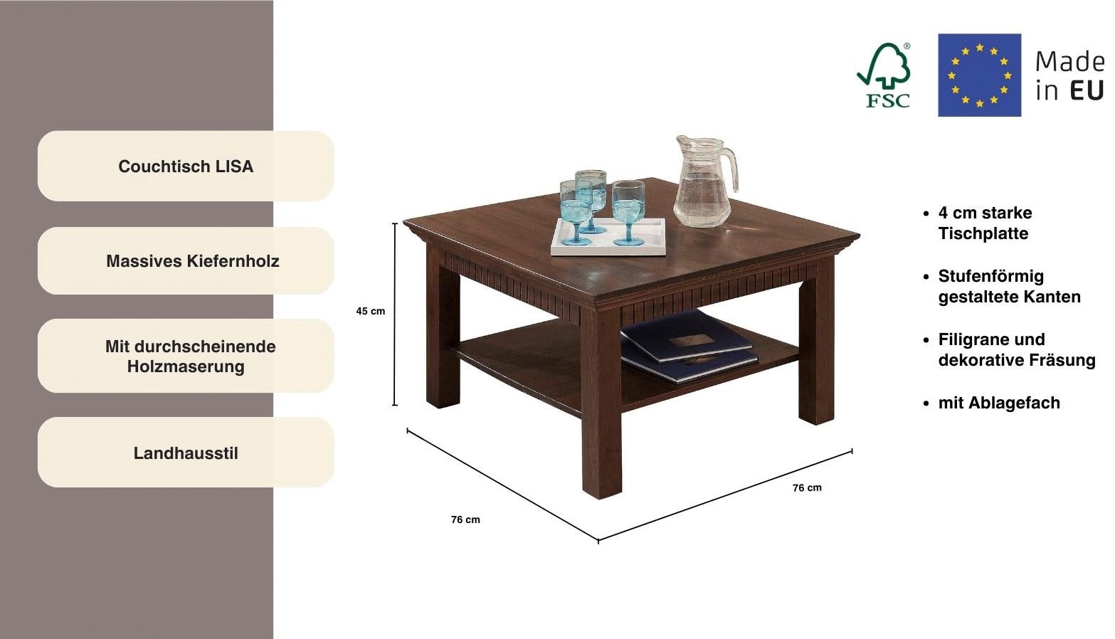 Home affaire Couchtisch »Lisa«, Kaffeetisch, massives Kiefernholz, B/T/H: 76x76x45 cm