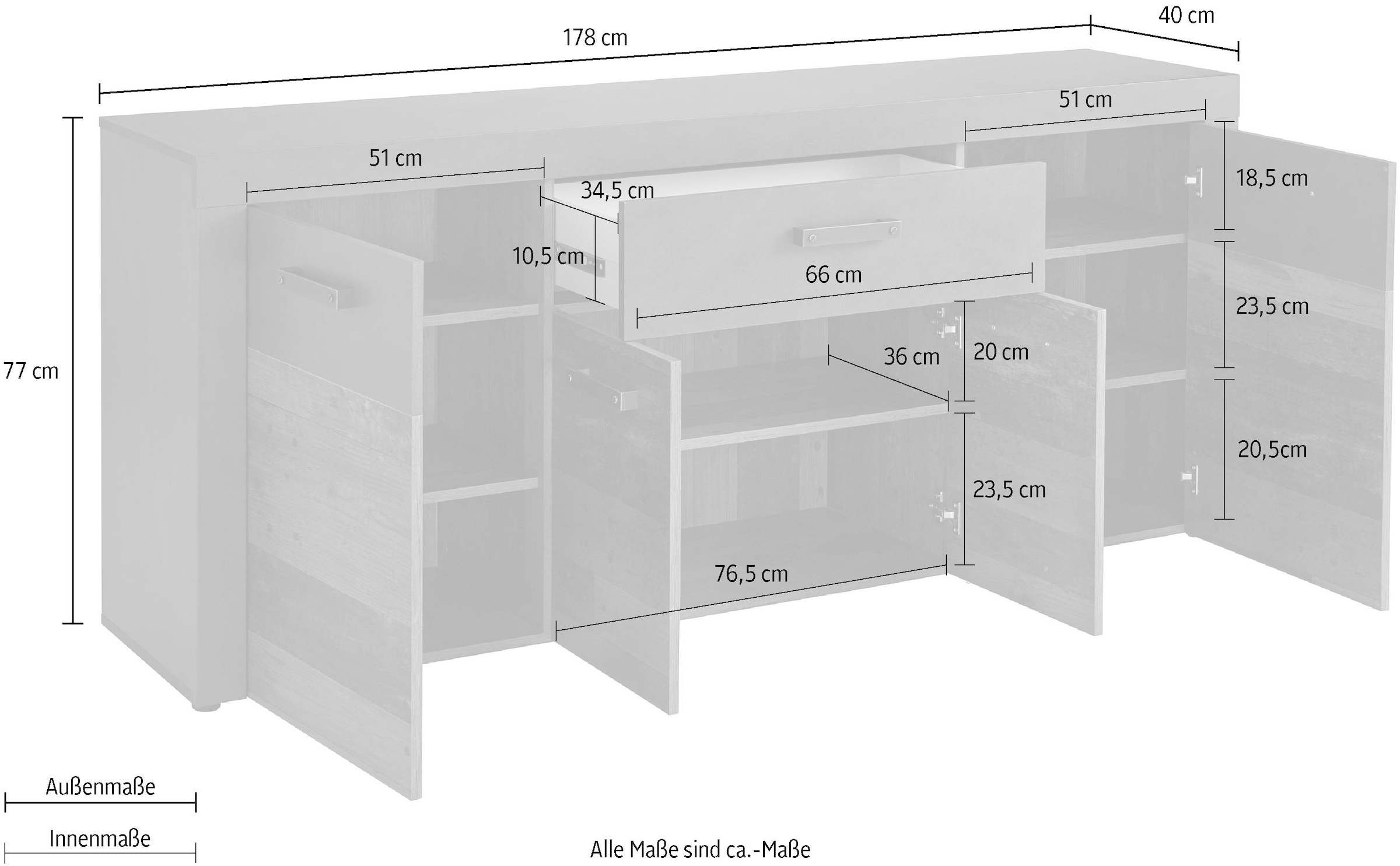 Home affaire Sideboard »Ilana« Sideboard mit 4 Türen & 1 Schublade - (B/T/H) 178/40/76 cm