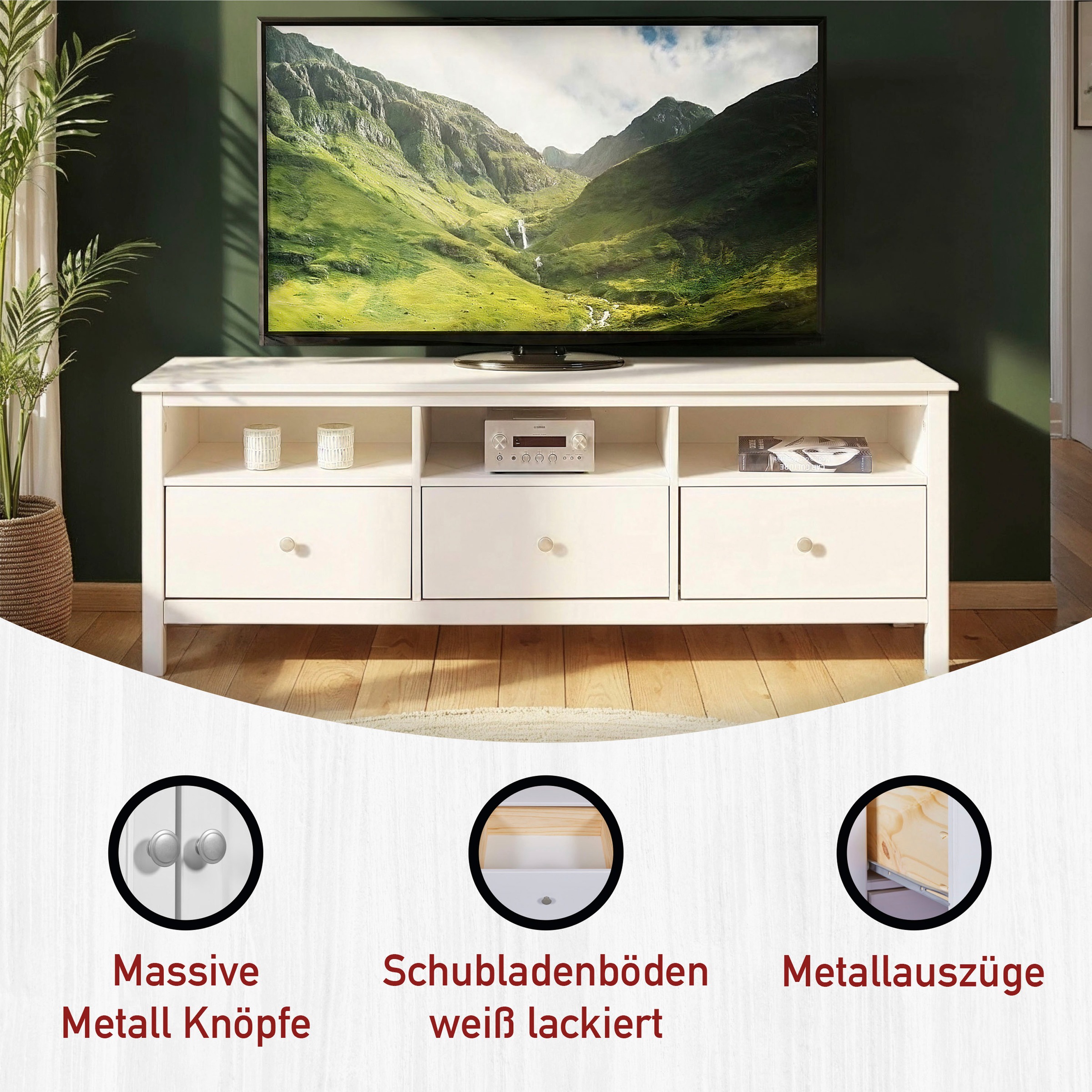 Inter Link TV-Board »Pinora, Kiefer Massivholz, Weiss, 160 x 45 x 57 cm, viel Stauraum« 1 Stk. tlg. TV Lowboard im modernem Skandi Look, 3 Schubladen, Kabeldurchführung