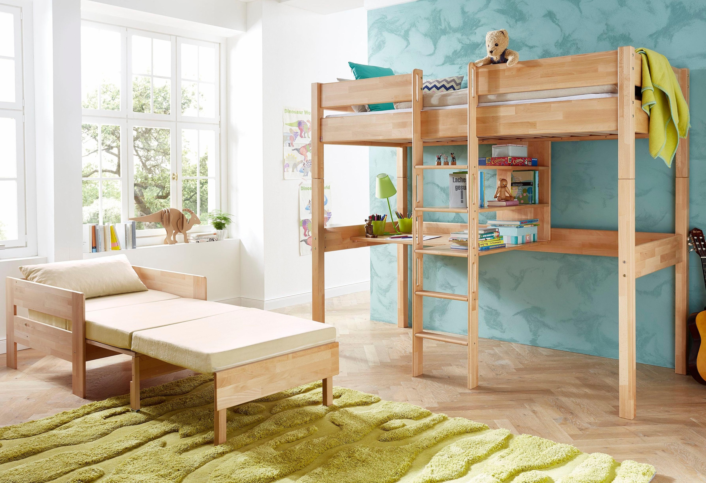 Relita Hochbett »Relita«, Inkl. Rolllattenrost, Schreibtisch, Regal, umbaufähig zum Einzelbett