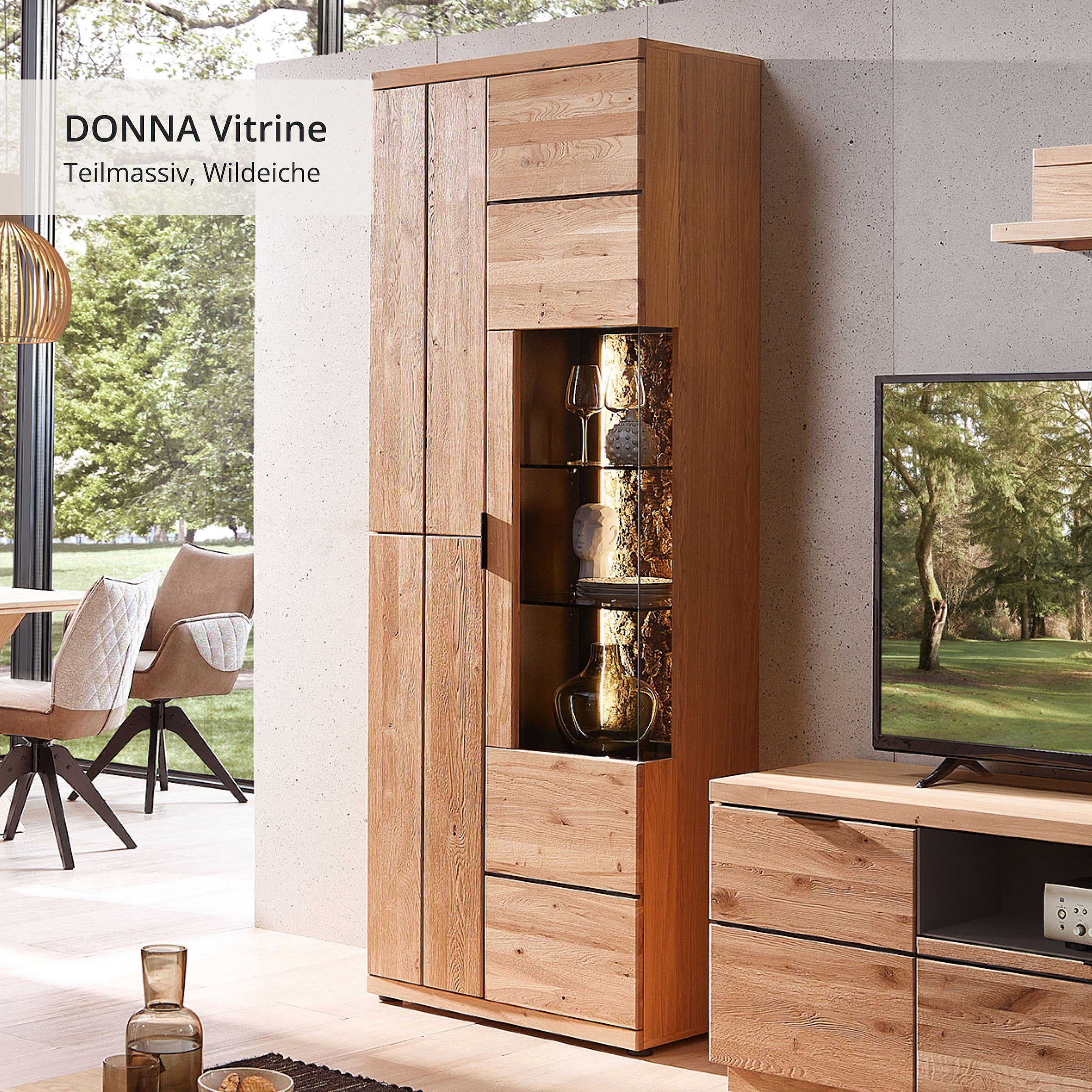 Wohnconcept Vitrine »Donna Vitrine, 75x207x42 (BxHxT)« 1 Stk. tlg. Beleuchtung  bestellbar, 3 türig, Echtkork Absetzung, L/R verwendbar