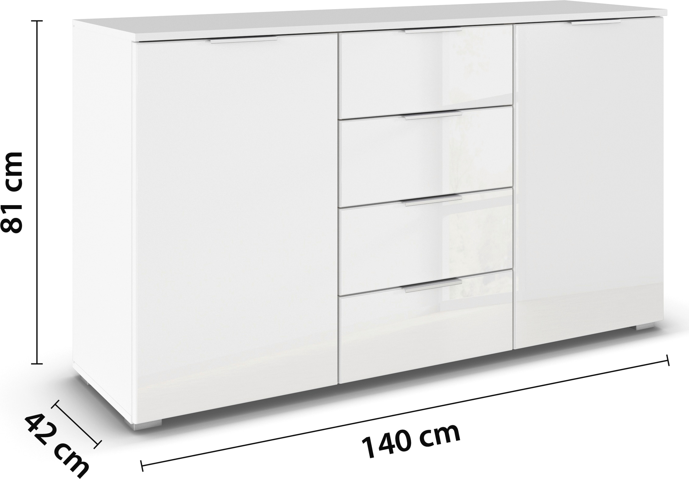 rauch Kombikommode »Sideboard Kombikommode Schubladenkommode AGORDO mit Glasfront«, (in zwei Griff-Farben), mit 4 Schubkästen und 2 Türen sowie Metallgriffen MADE IN GERMANY