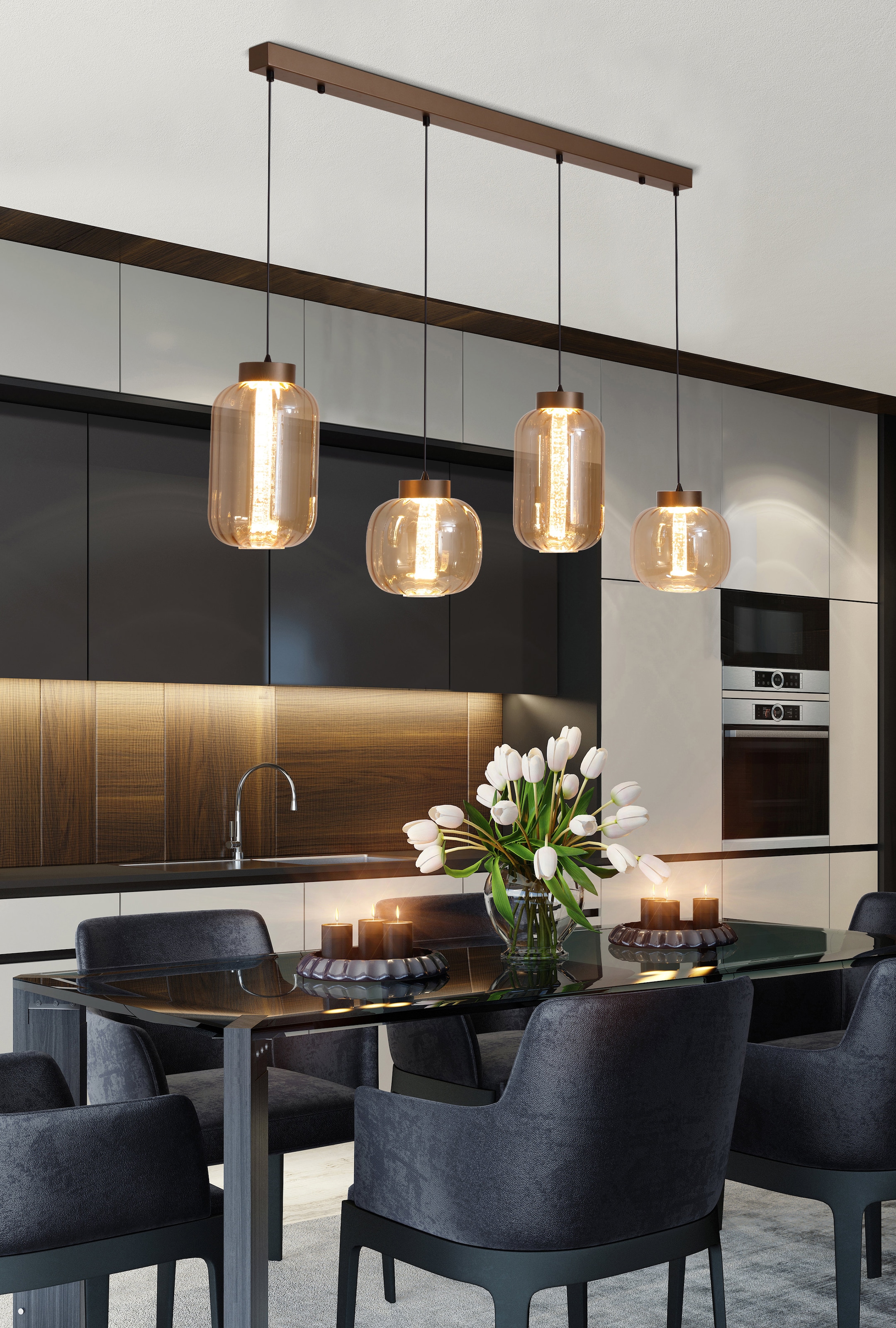 Searchlight LED Pendelleuchte »Lille LED 4Lt LED-Pendelleuchte, Latte-Metall und Bernsteinglas« LED-Modul 1 Stk.