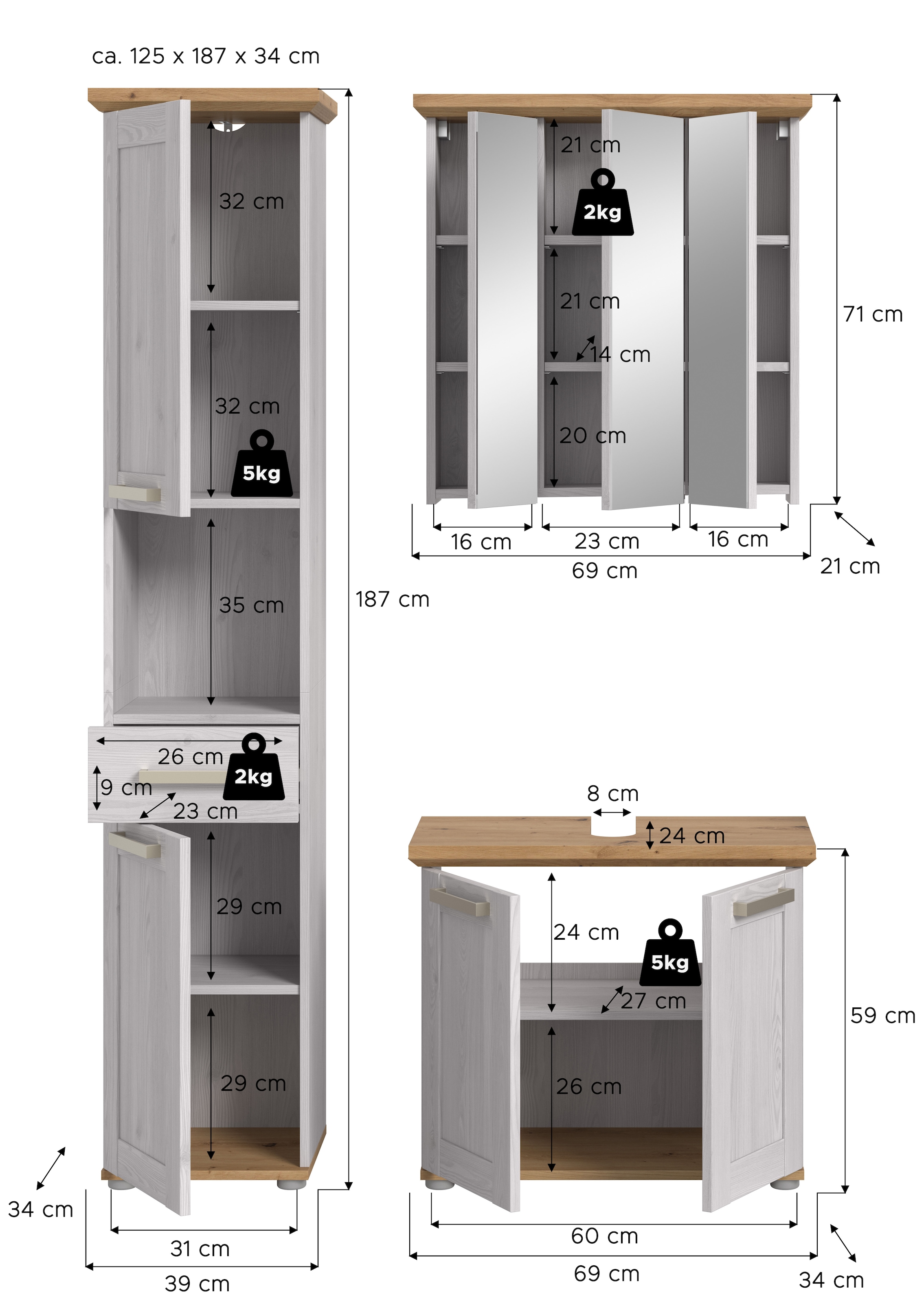 welltime Badmöbel-Set »COSENZA, 3-teilig, in Landhausoptik, mit farblich abgesetztem Kranz« best. aus: Hochschrank, Spiegelschrank und Waschbeckenunterschrank, 3 Stk. tlg.