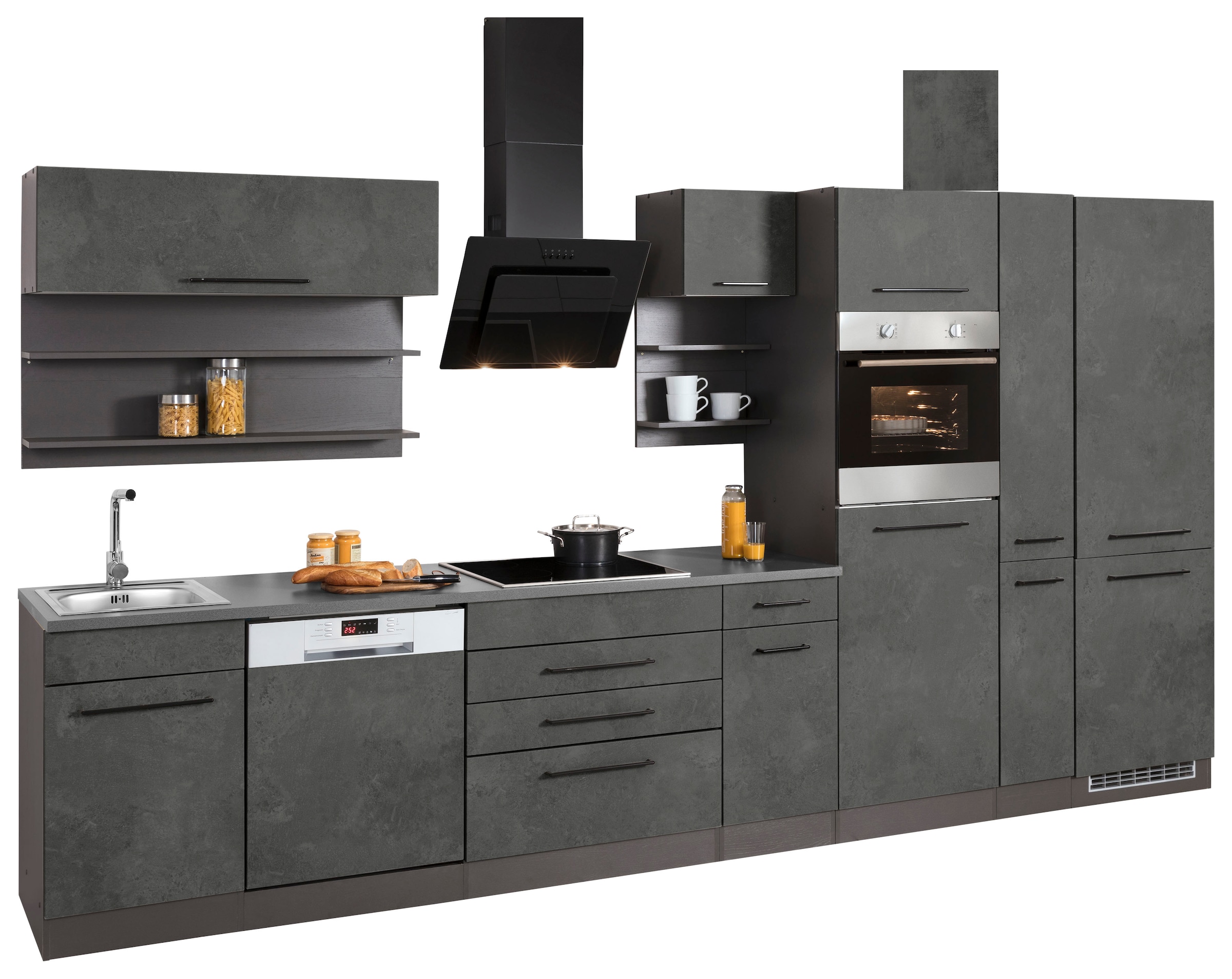 KOCHSTATION Küchenzeile »KS-Tulsa«, mit E-Geräten, Breite 380 cm, schwarze Metallgriffe, MDF Fronten