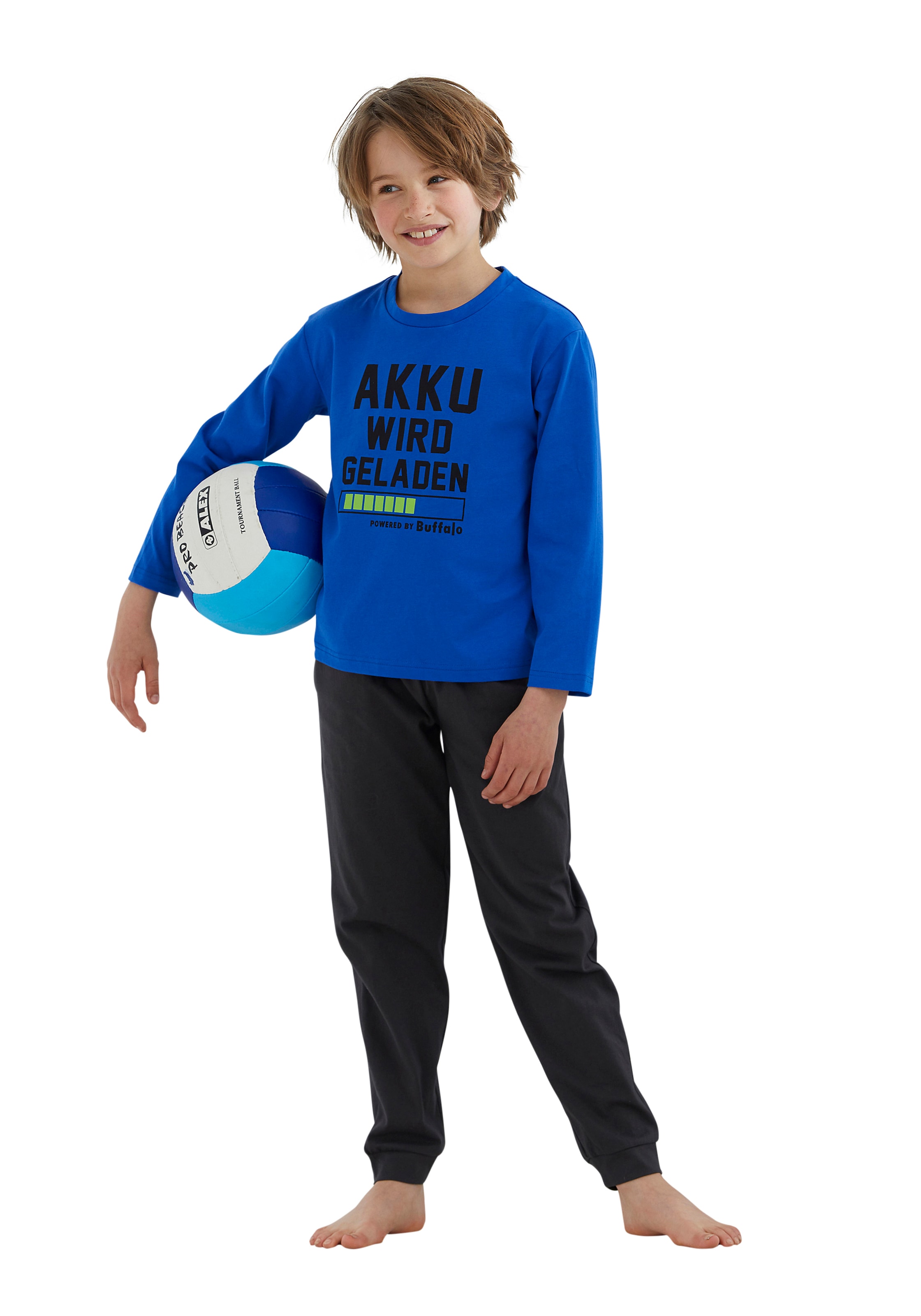 Pyjama BUFFALO, Jungen, Gr. 158/164, grau (blau, anthrazit), Jersey, Obermaterial: 100% Baumwolle, bedruckt, Basic, bequem lang, Rundhals
