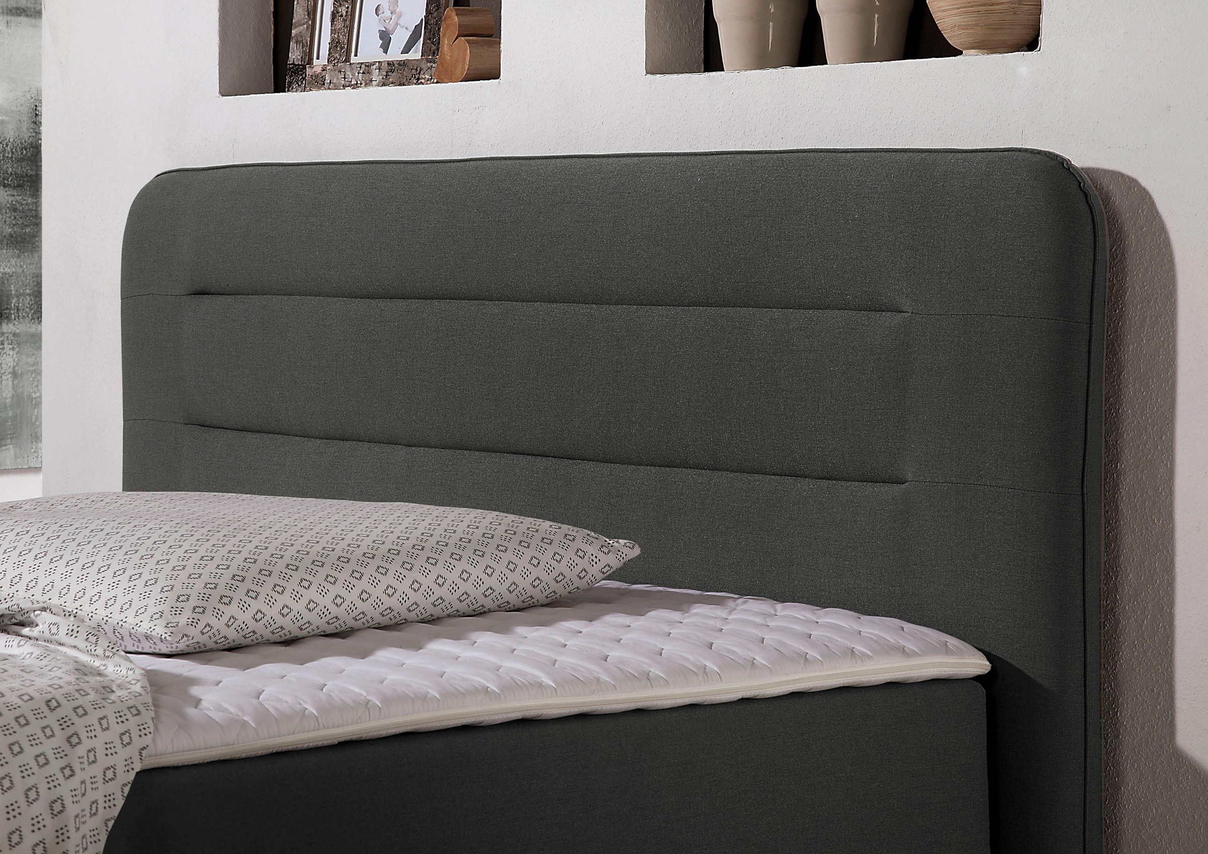 Boxspringbett HOME AFFAIRE "Manchester", grau (anthrazit), B:220cm L:208cm, Strukturstoff-Bezug (100% Polyester), Komplettbetten, Boxspringbett, 5 Breiten, 3 Ausführungen, 2 Härtegraden, Topper, Steppung 9
