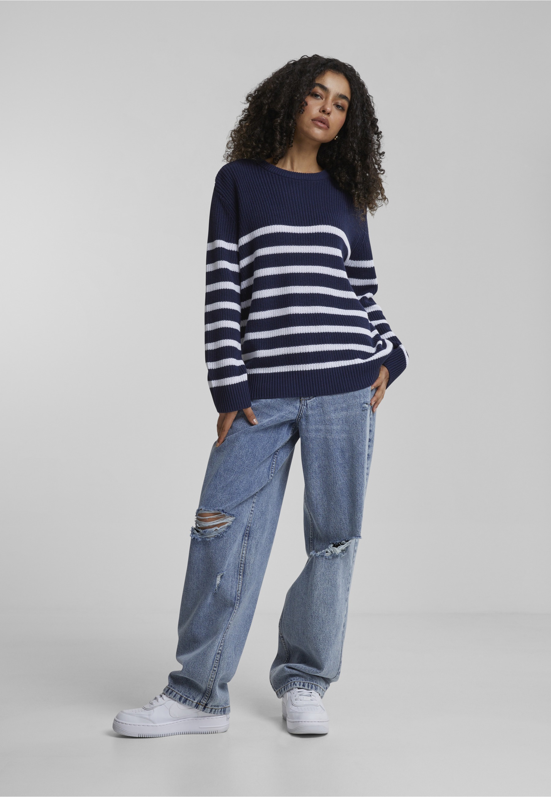 URBAN CLASSICS Fleecepullover »Urban Classics Damen Ladies Rib Striped Sweater«, 1 Stk.
