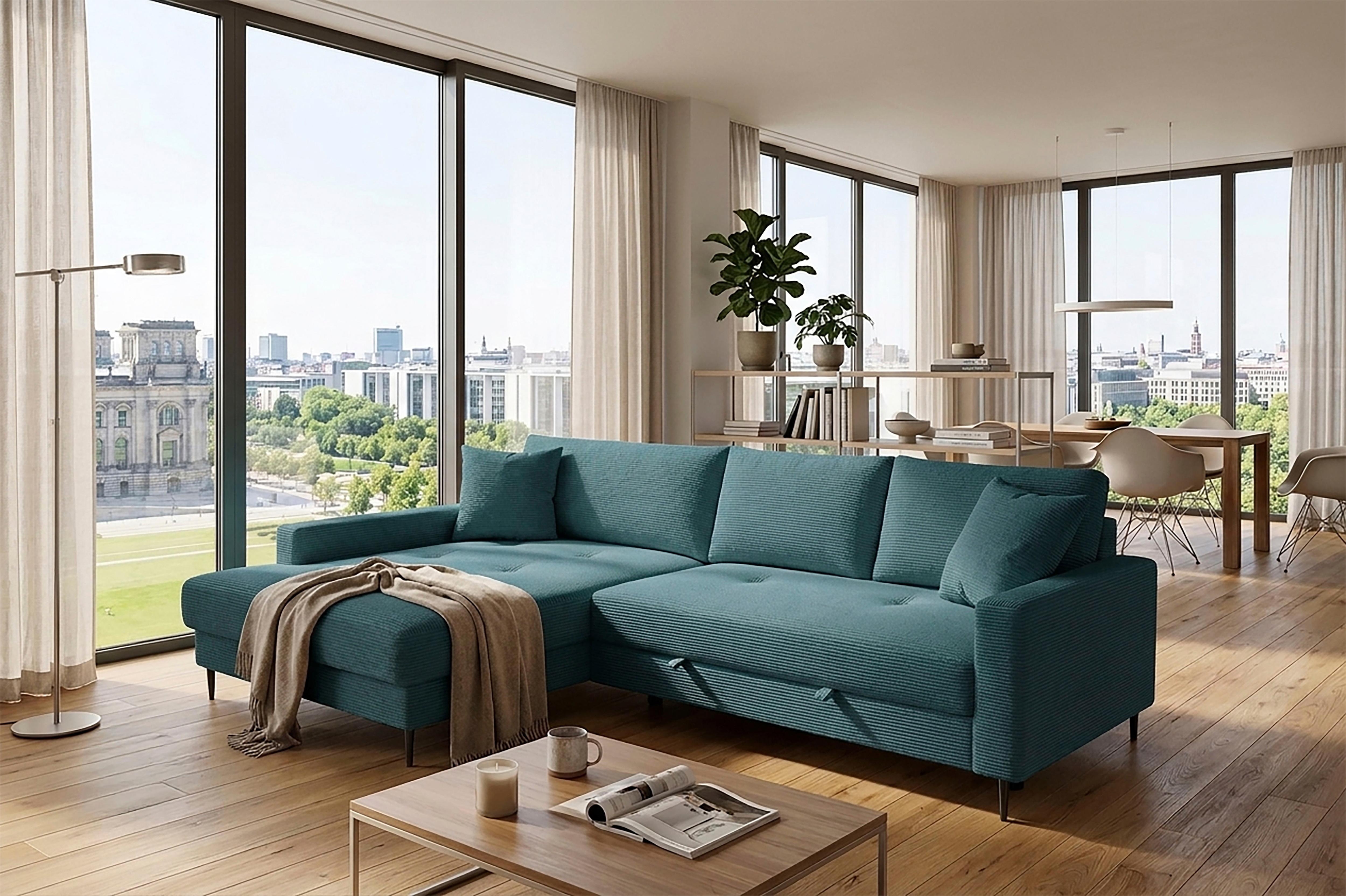 Trends by HG Ecksofa "Summer L-Form, B: 284 cm, Schlaffunktion, 2 Zierkissen" optional mit Kopfstützen, Wellenfederung, frei stellbar