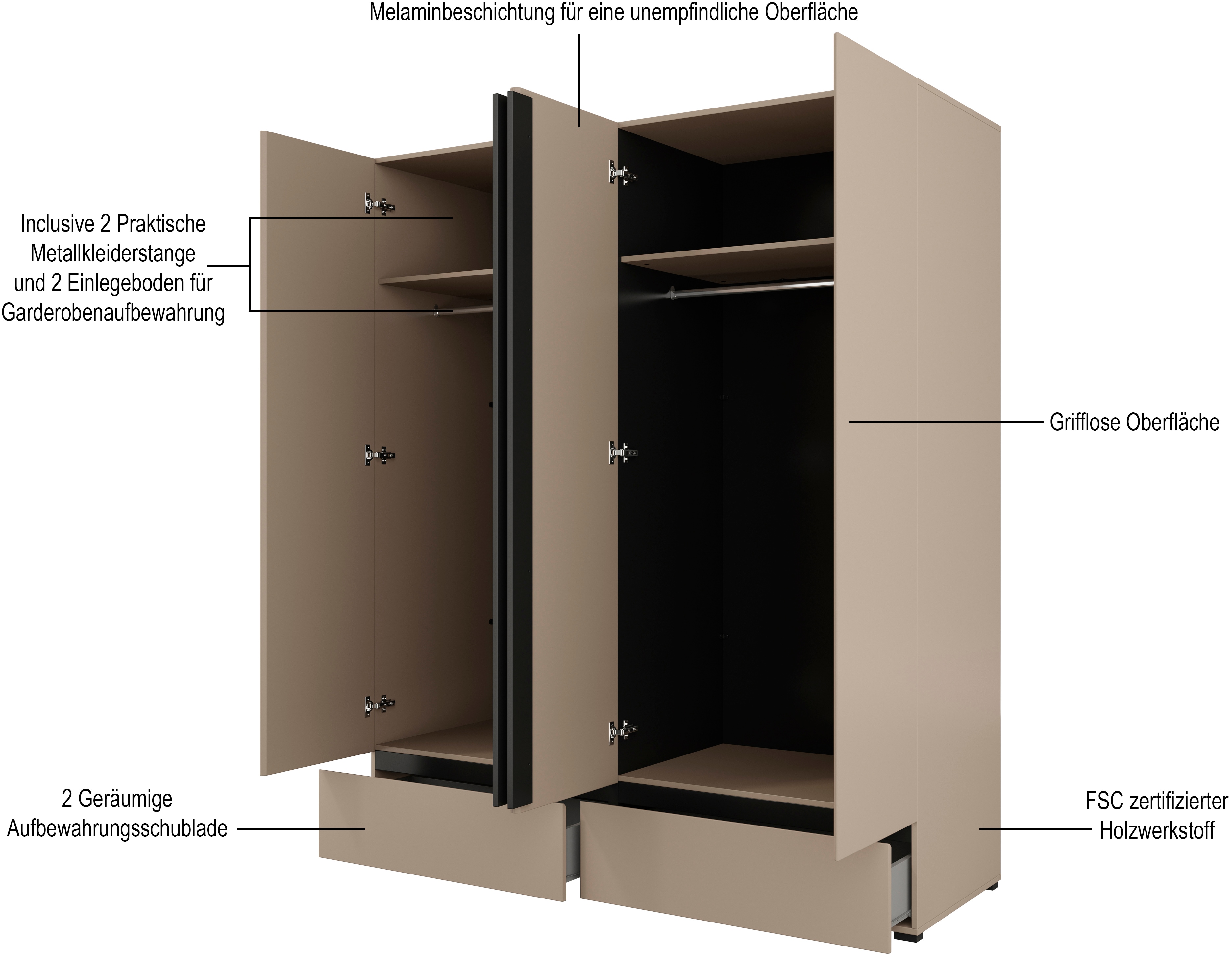 Thumbnail - INOSIGN Drehtürenschrank "Cross, moderner griffloser Kleiderschrank", Wäscheschrank mit Schublade, Garderobe, Türen