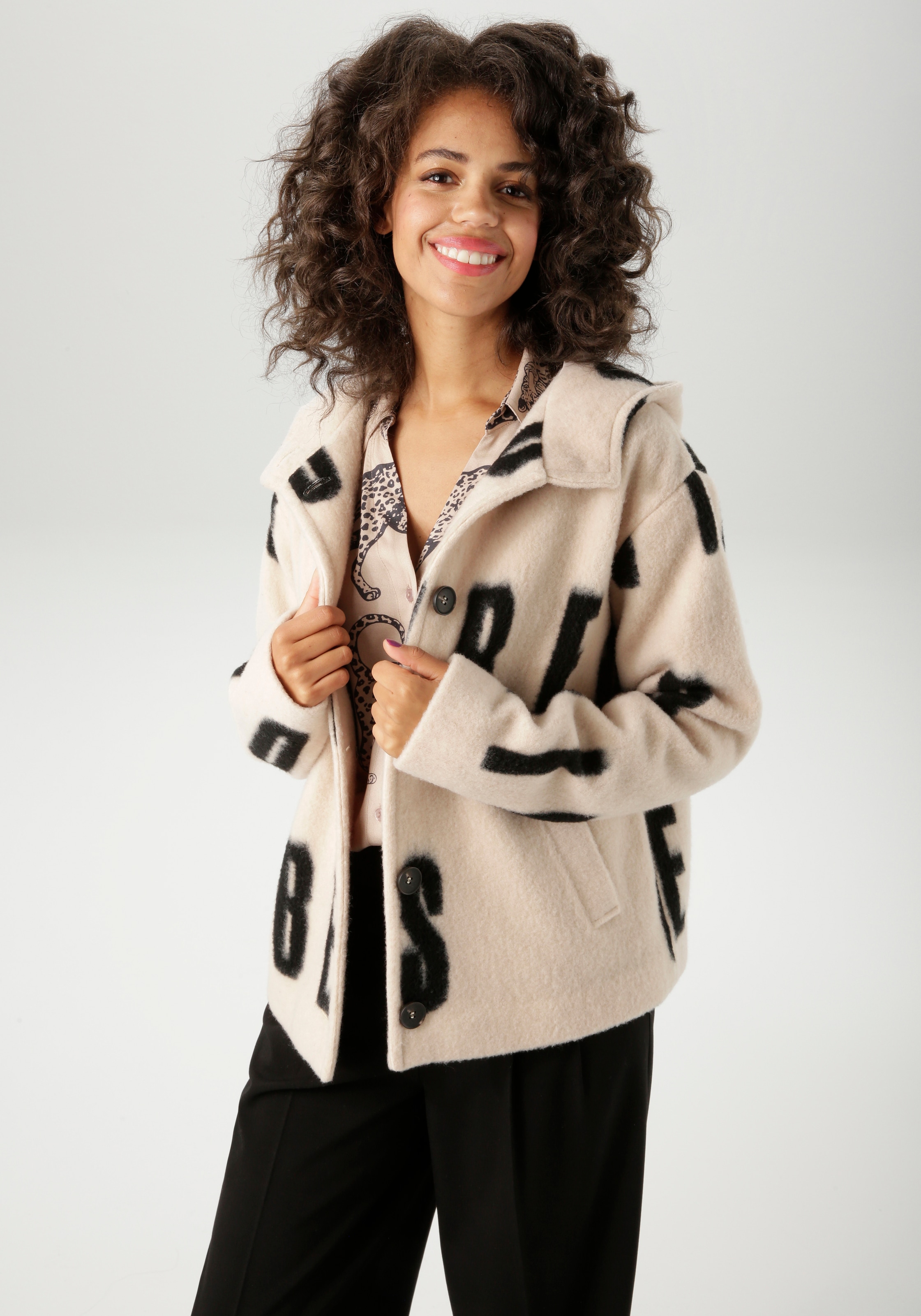 Aniston CASUAL Fleecejacke mit großflächigem "GOOD VIBES"-Schriftzug günstig online kaufen